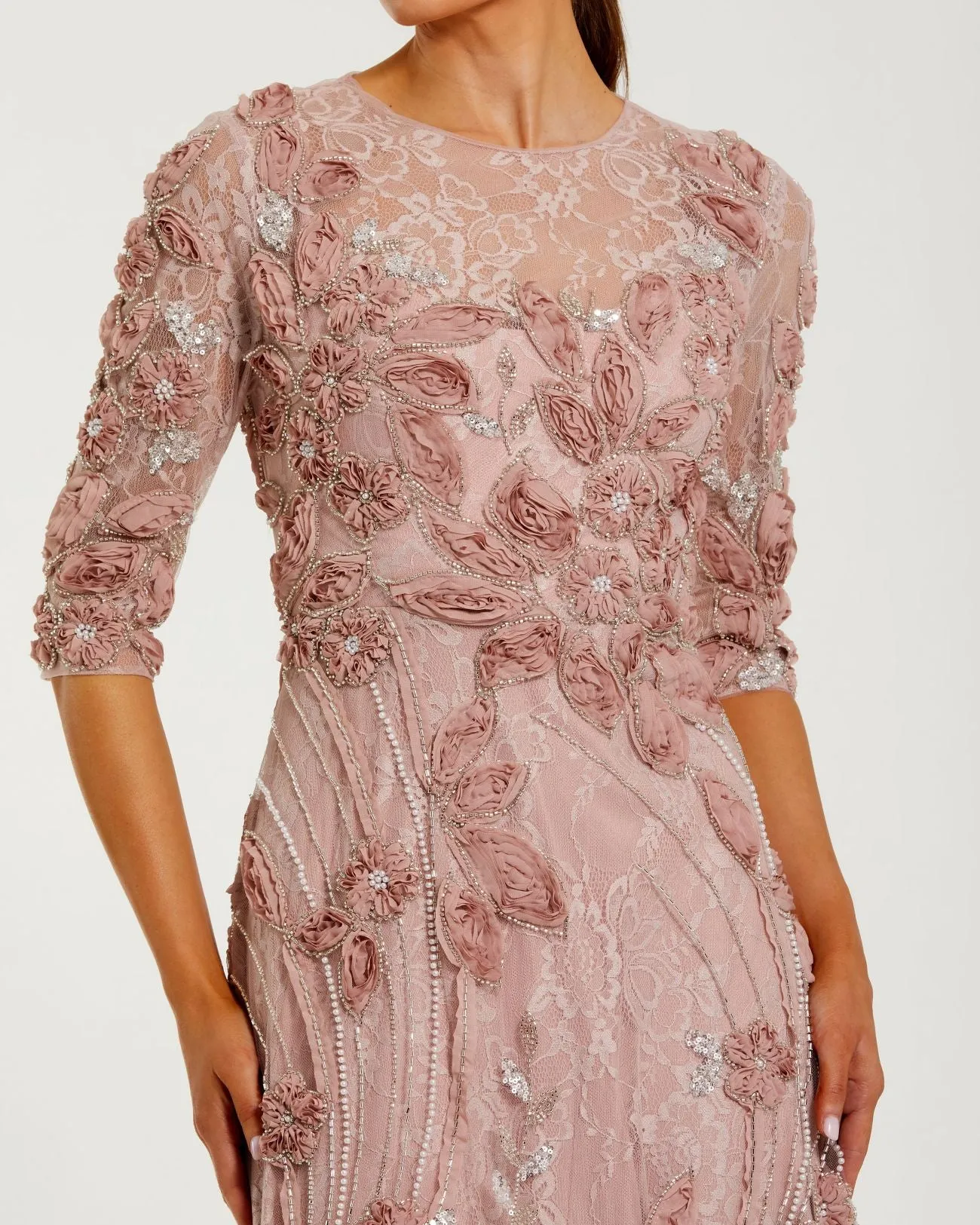 Pink High Neck Embellished Lace Gown with 3/4 Sleeves sold by Mac Duggal product image thumbnail 2