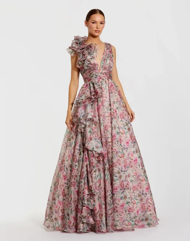 Sleeveless V-Neck Floral Chiffon Ruffle Ball Gown sold by Mac Duggal