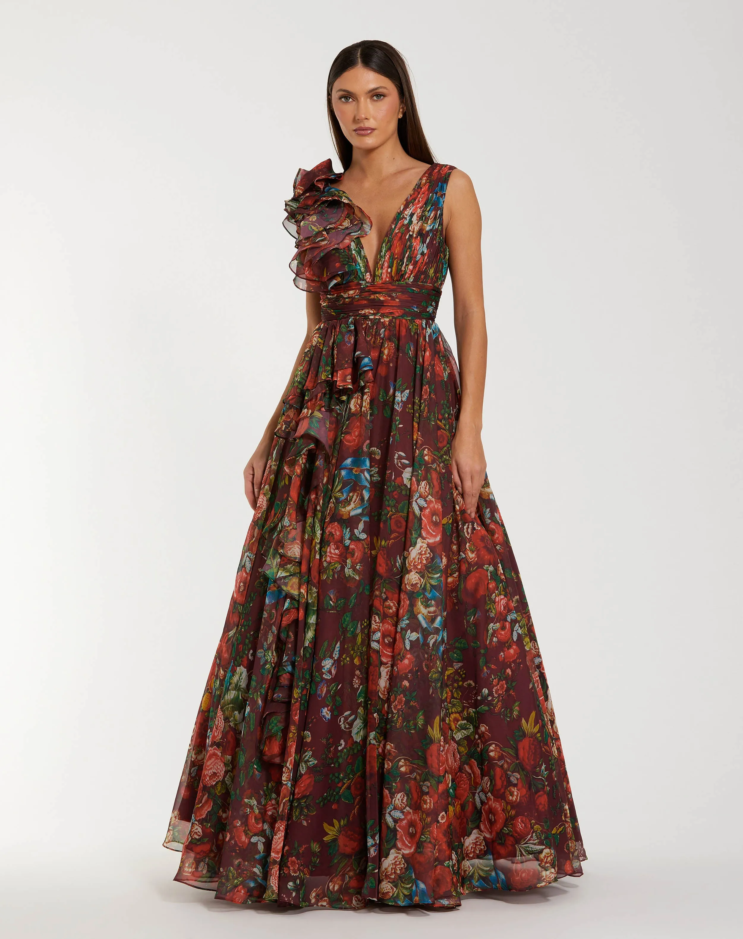 Sleeveless V-Neck Floral Chiffon Ruffle Ball Gown sold by Mac Duggal product image thumbnail 2
