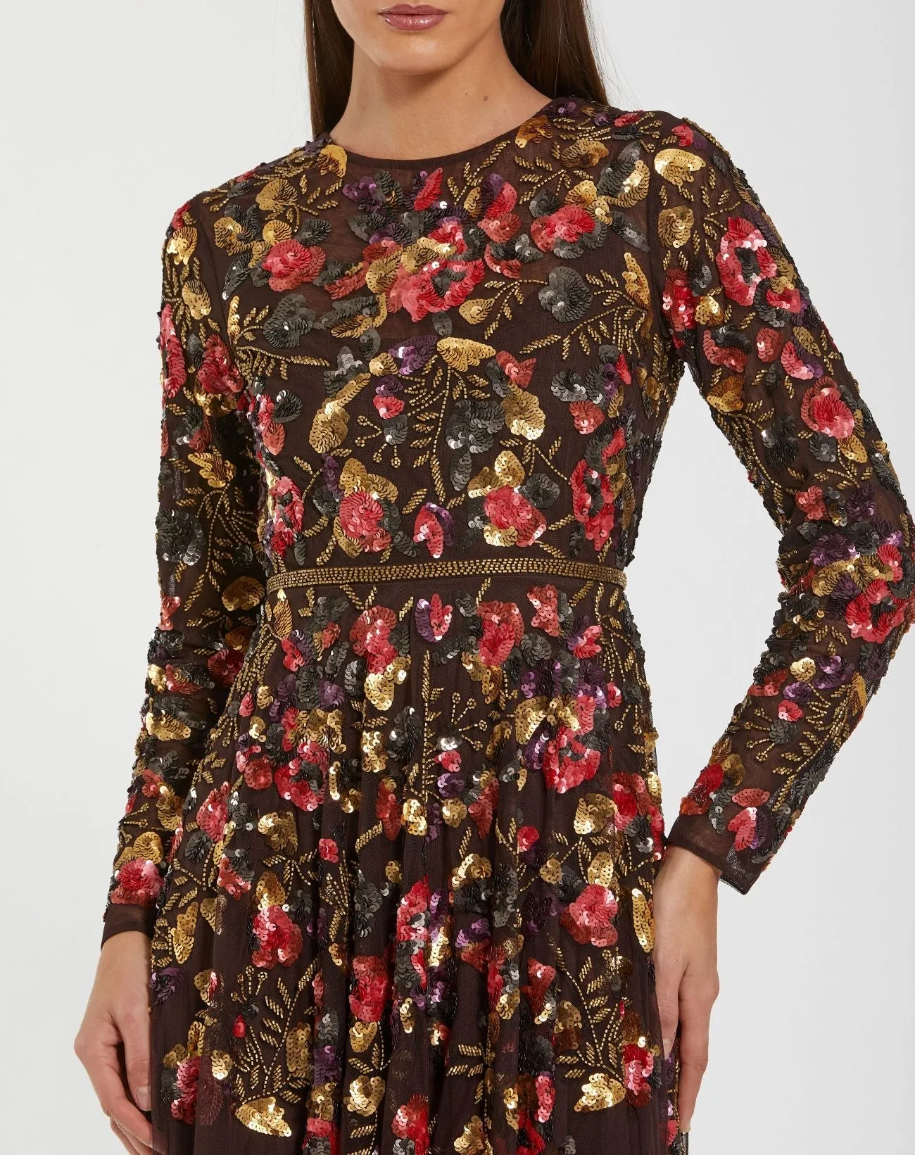 Brown Long Sleeve Floral Embellished Evening Gown sold by Mac Duggal product image thumbnail 2