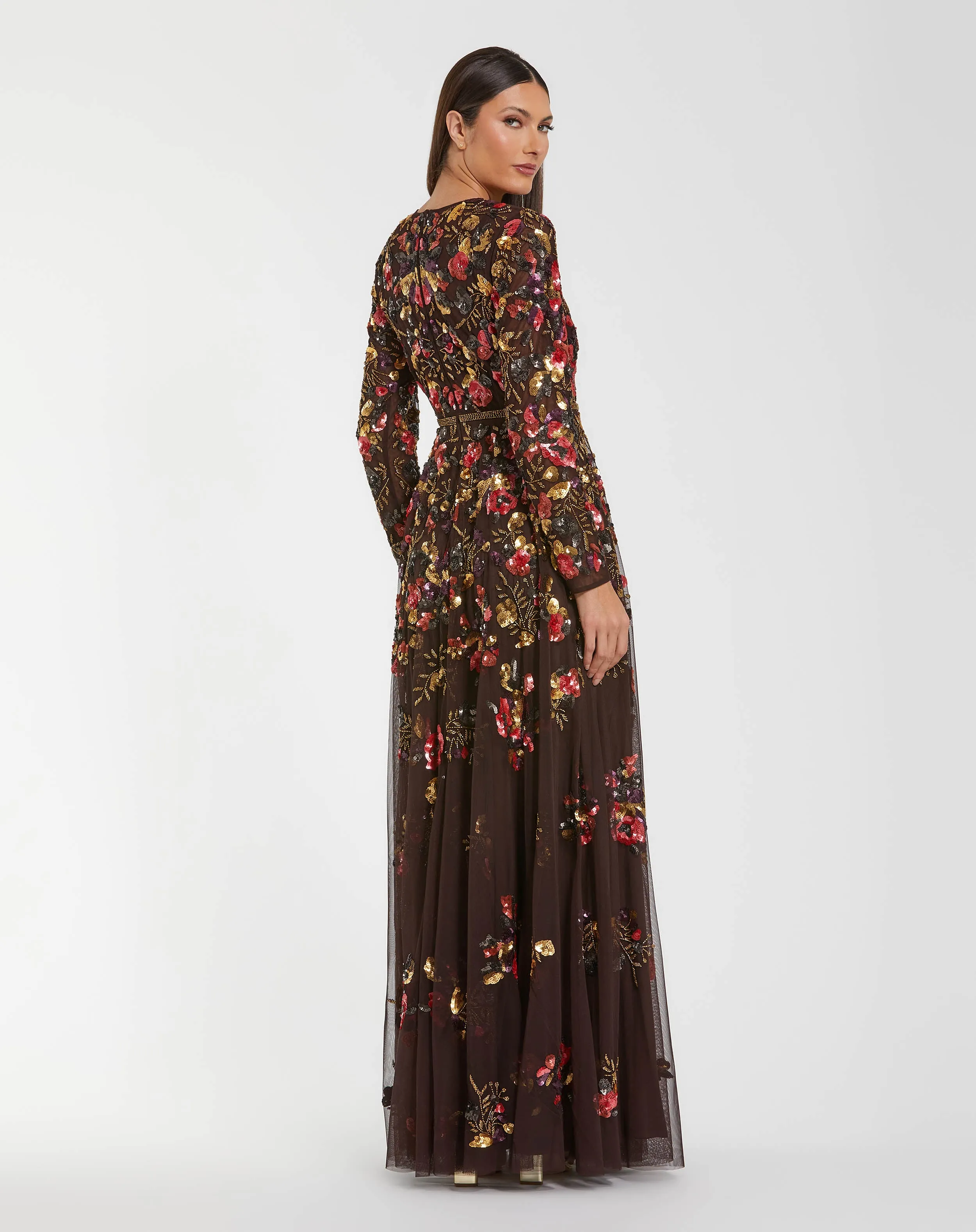 Brown Long Sleeve Floral Embellished Evening Gown sold by Mac Duggal product image thumbnail 3