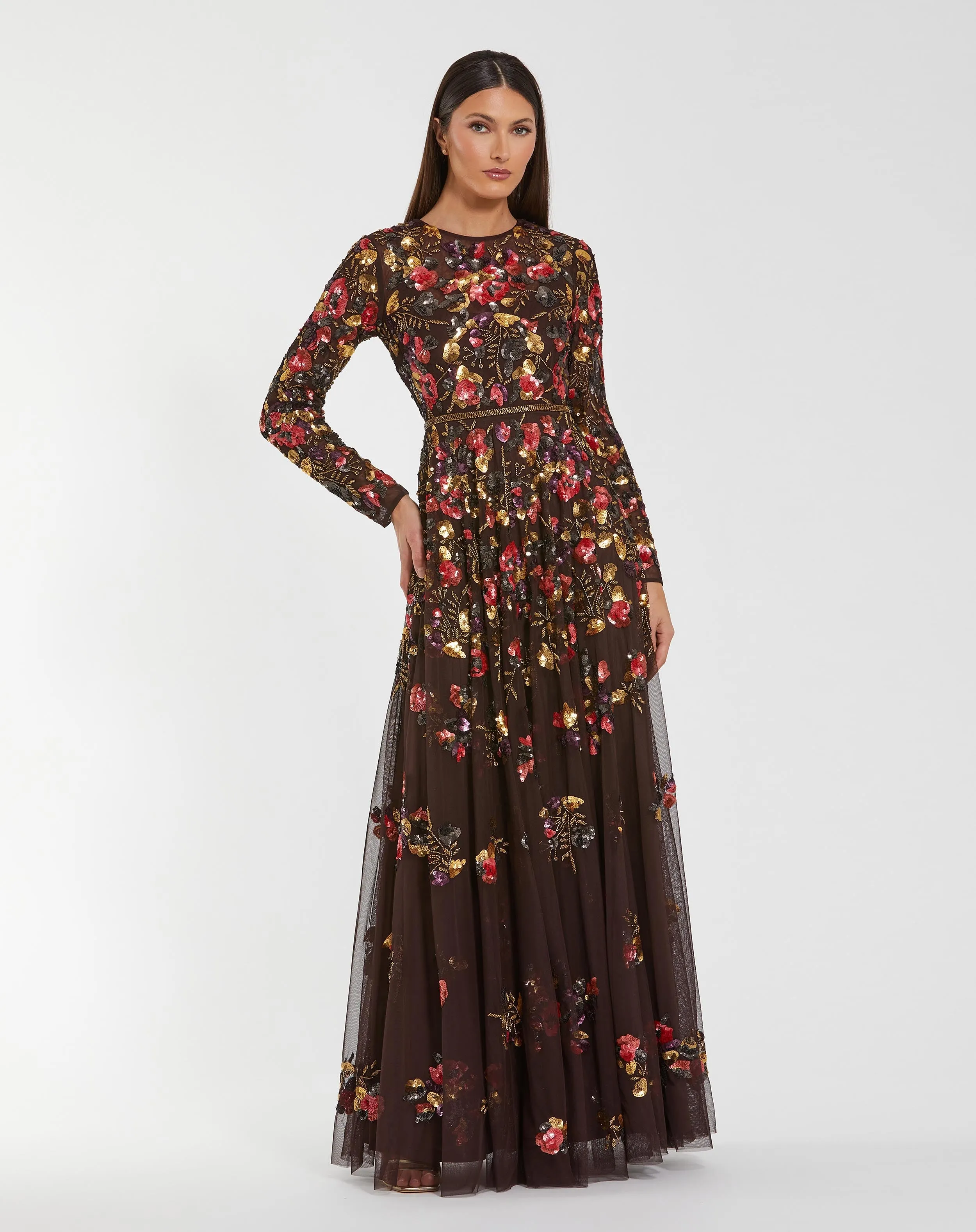 Brown Long Sleeve Floral Embellished Evening Gown sold by Mac Duggal