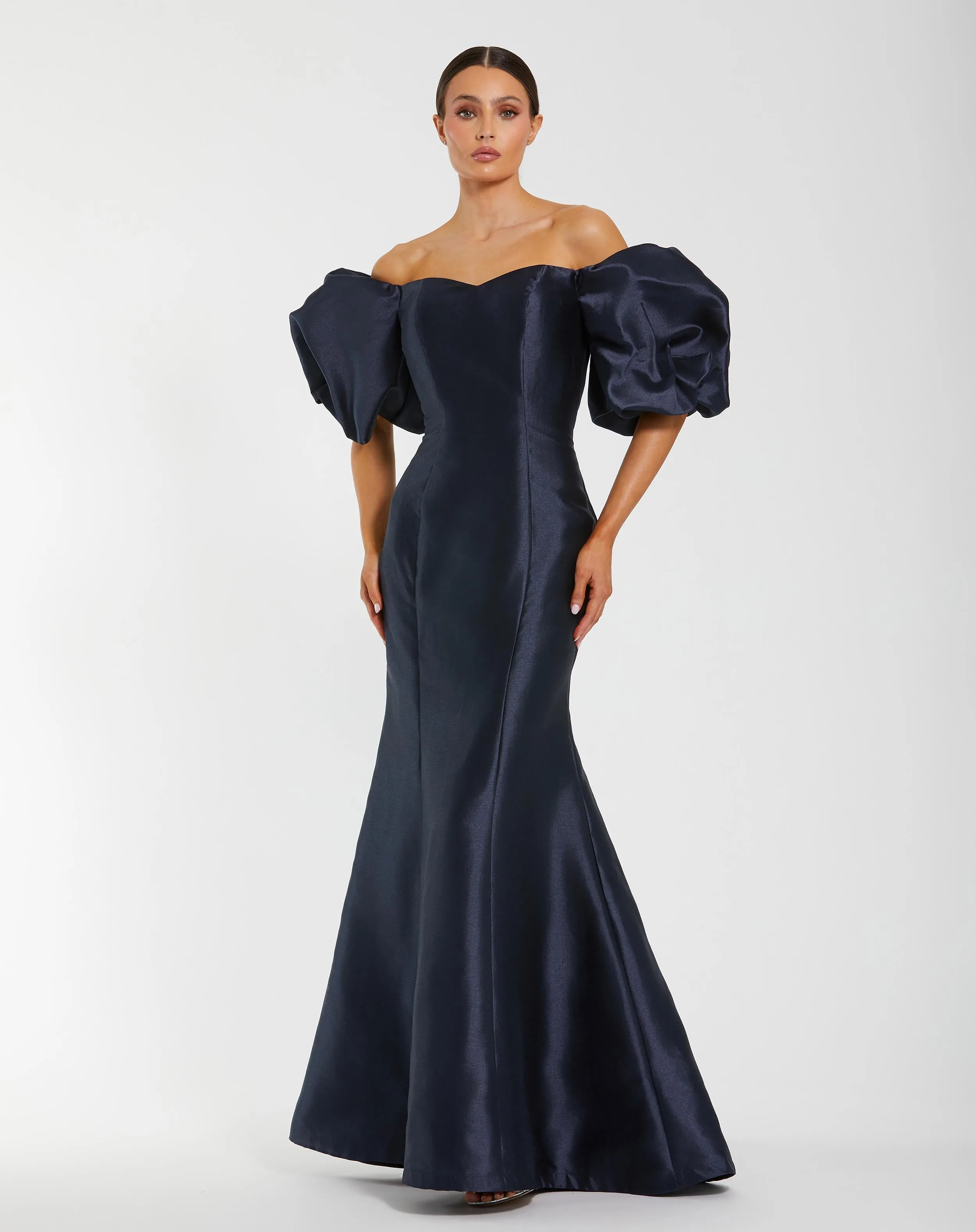 Navy Sweetheart Off The Shoulder Puff Sleeve Gown sold by Mac Duggal