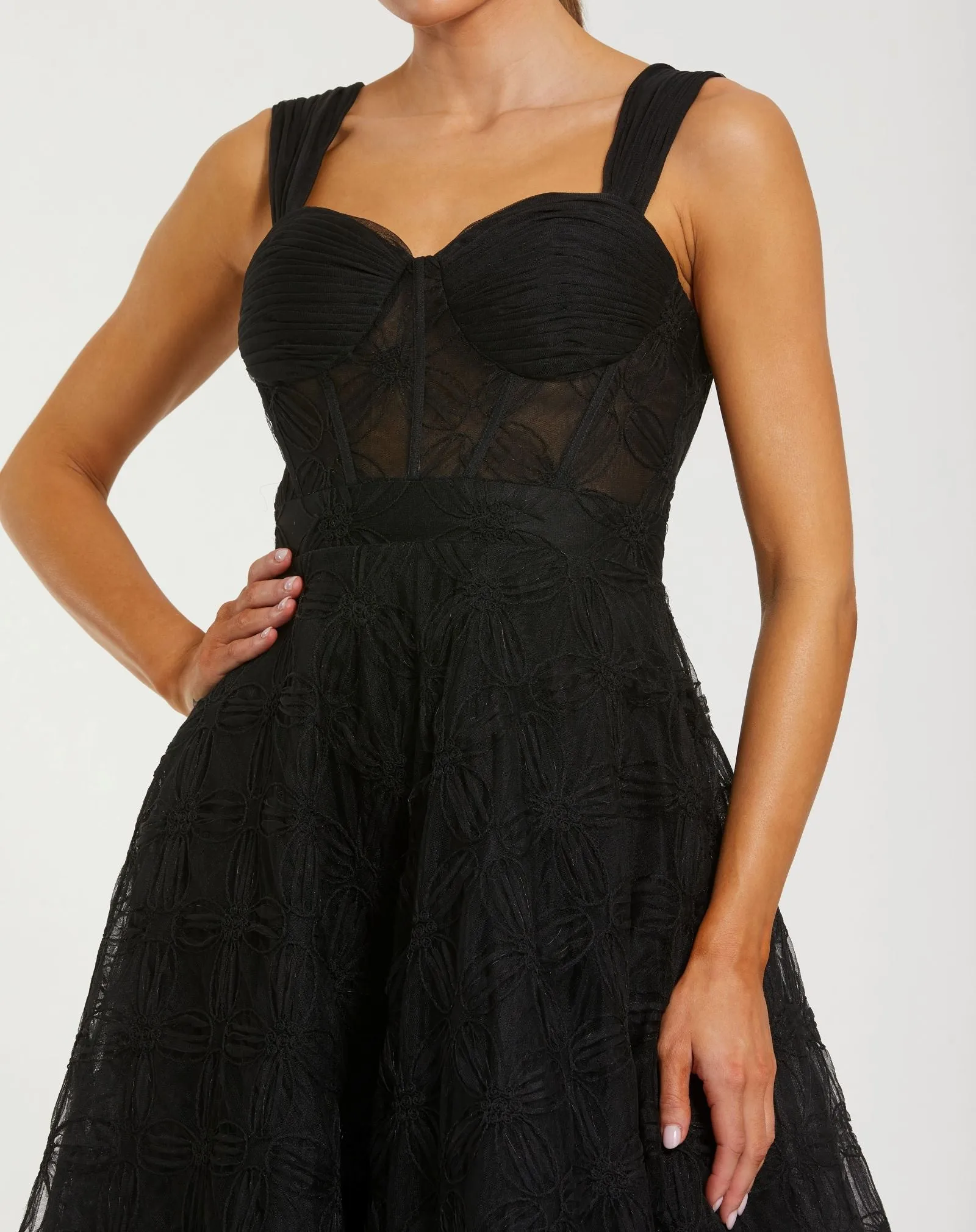 Black Bustier Sleeveless A-Line Tulle Midi Dress sold by Mac Duggal product image thumbnail 2