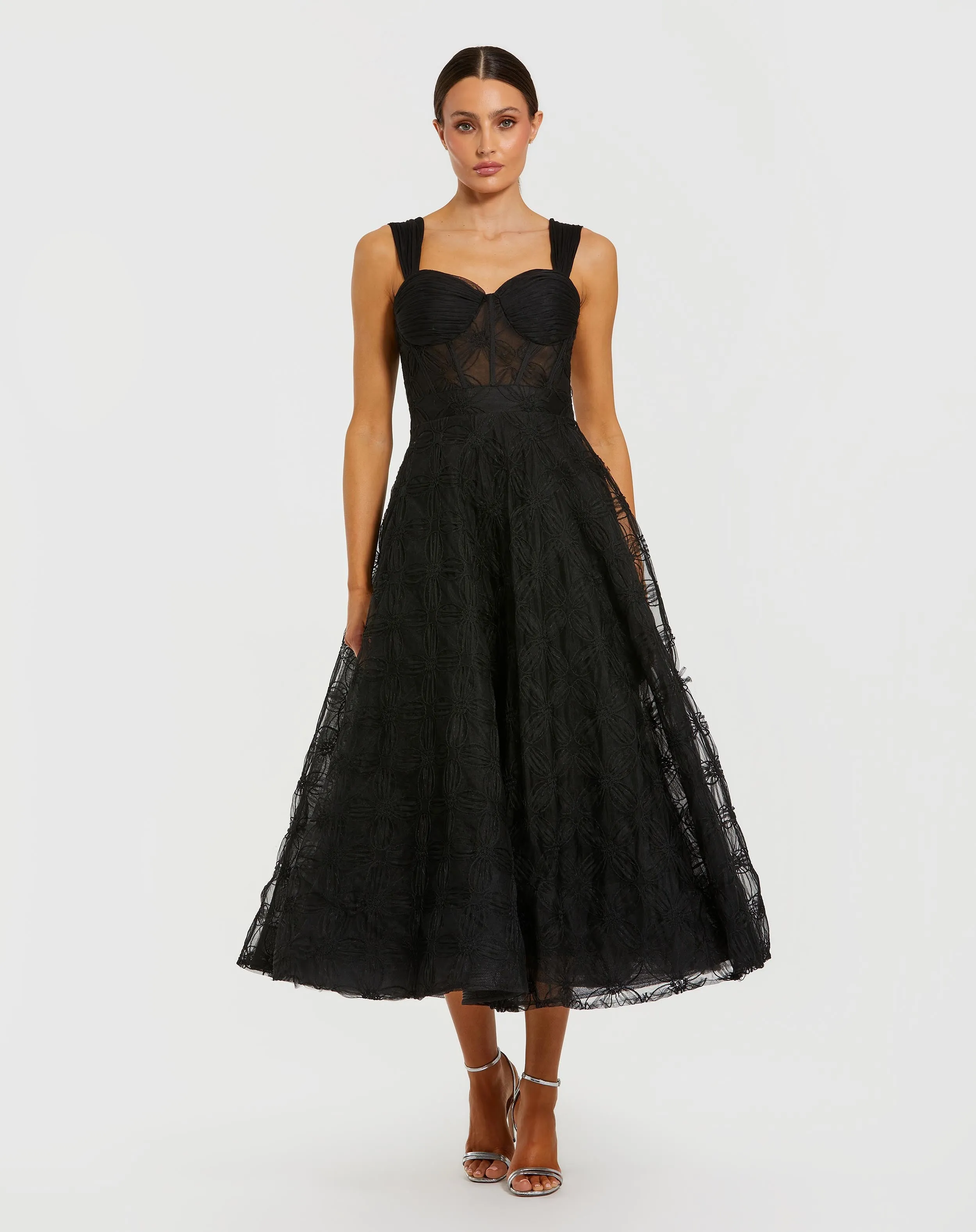 Black Bustier Sleeveless A-Line Tulle Midi Dress sold by Mac Duggal
