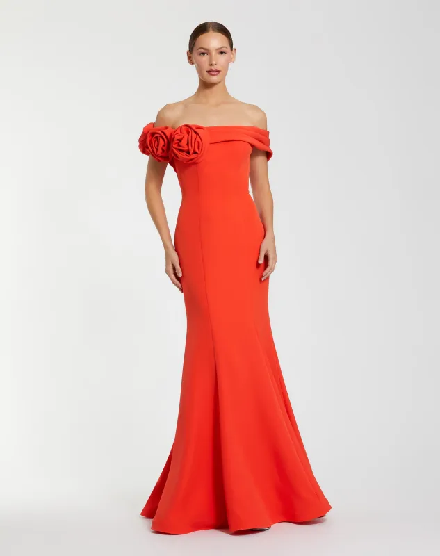 Orange Off The Shoulder Crepe Mermaid Gown sold by Mac Duggal