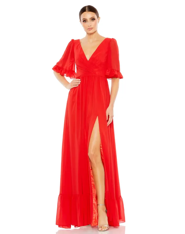 Faux Wrap Ruffle Trim A Line Gown sold by Mac Duggal