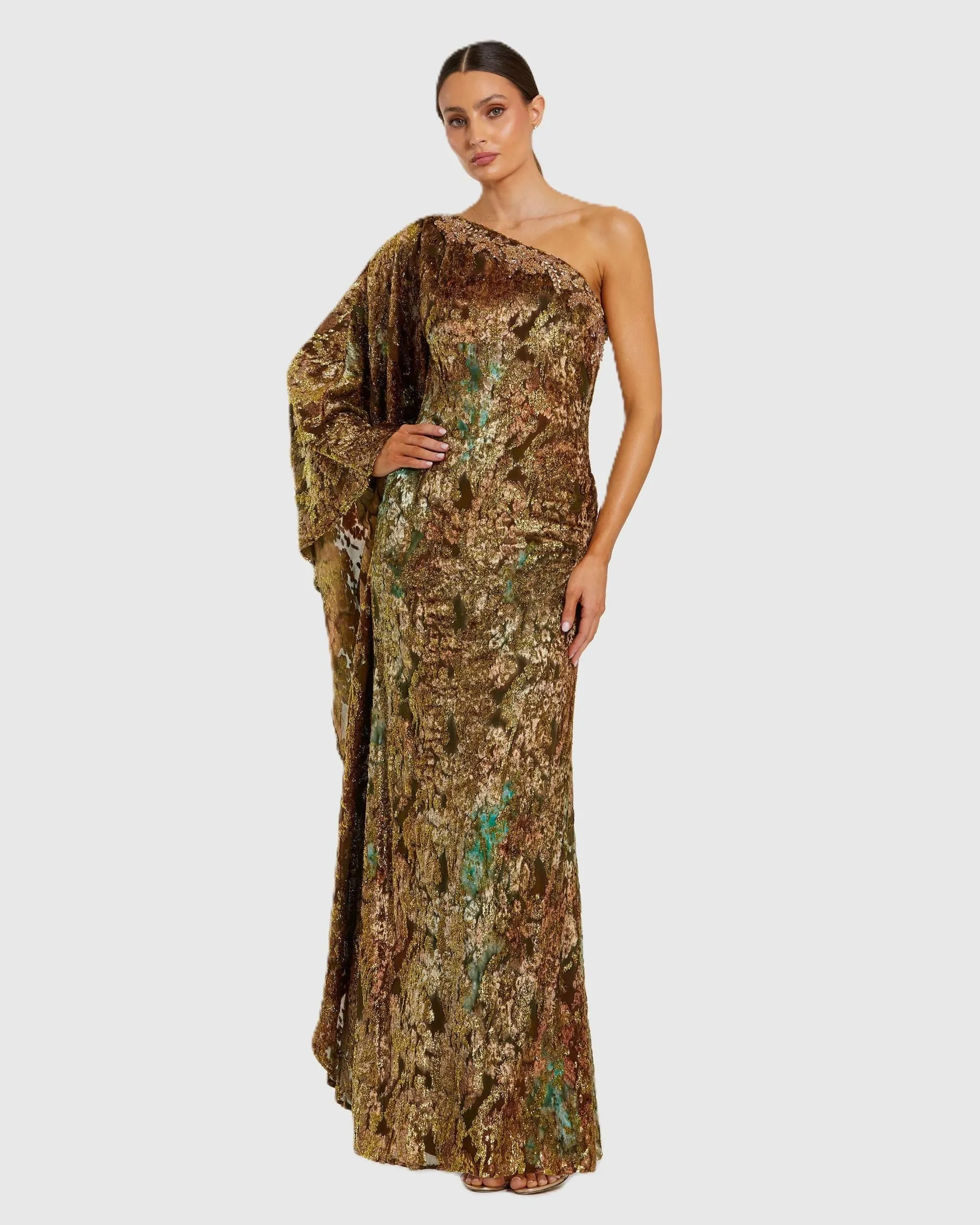 Gold One Shoulder Metallic Burnout Velvet Evening Gown sold by Mac Duggal