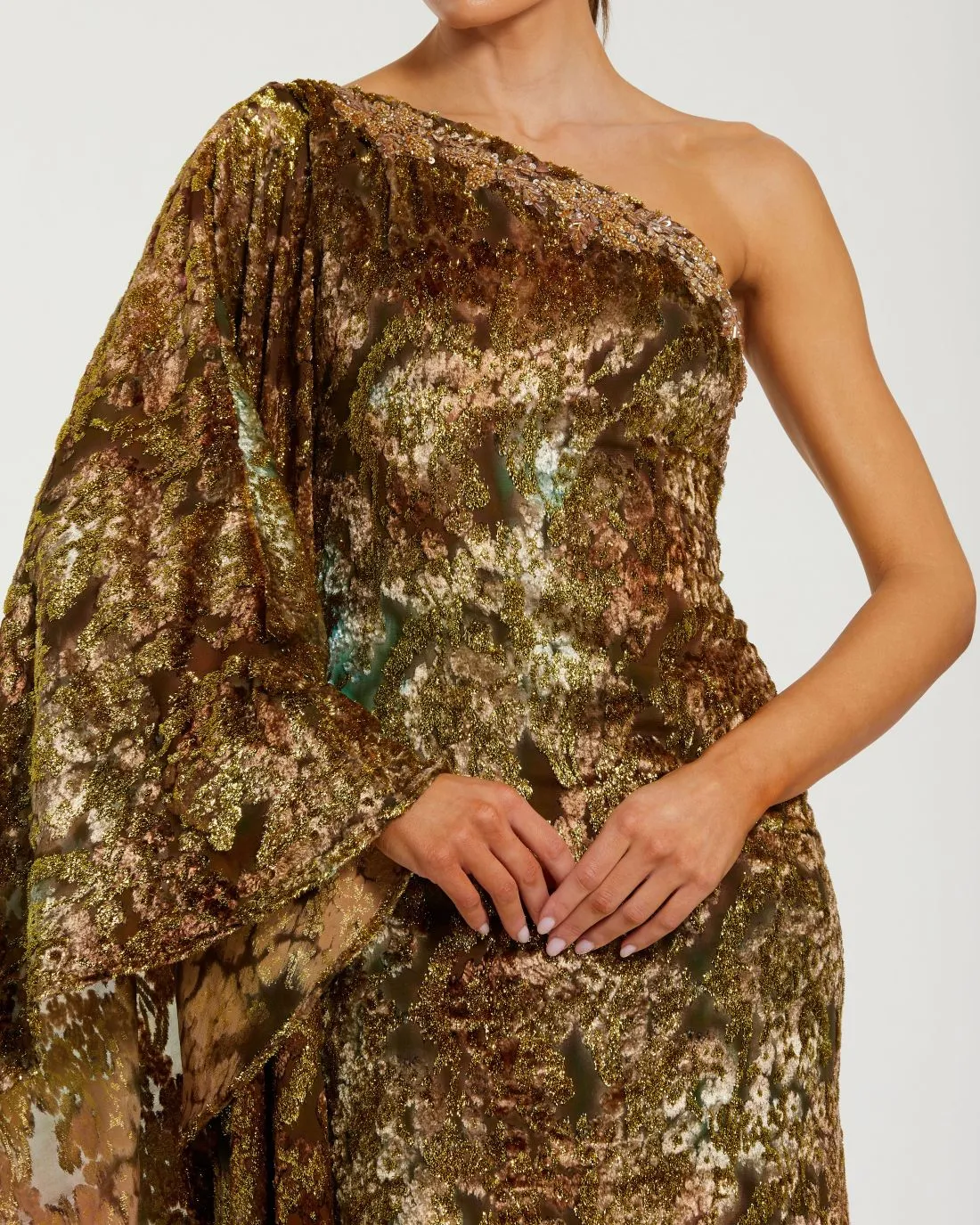Gold One Shoulder Metallic Burnout Velvet Evening Gown sold by Mac Duggal product image thumbnail 2