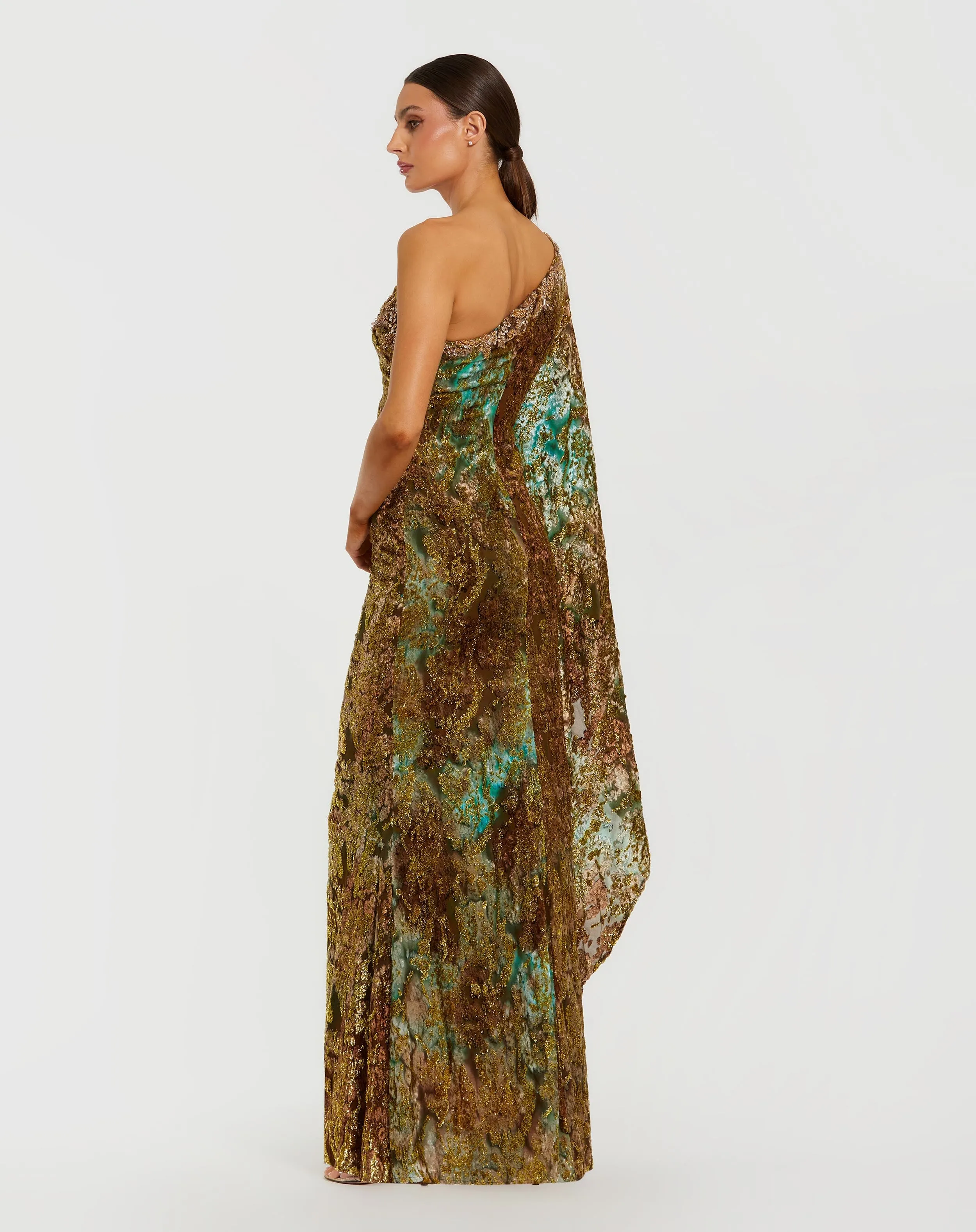 Gold One Shoulder Metallic Burnout Velvet Evening Gown sold by Mac Duggal product image thumbnail 3