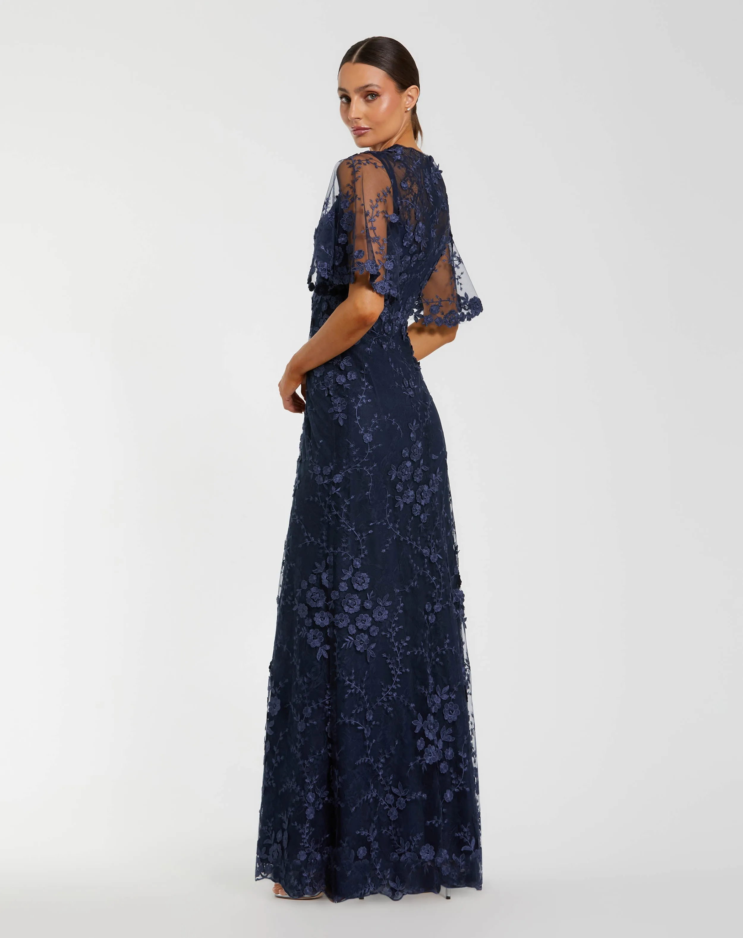 Navy Flutter Sleeve Floral Embroidered Net Gown sold by Mac Duggal product image thumbnail 3
