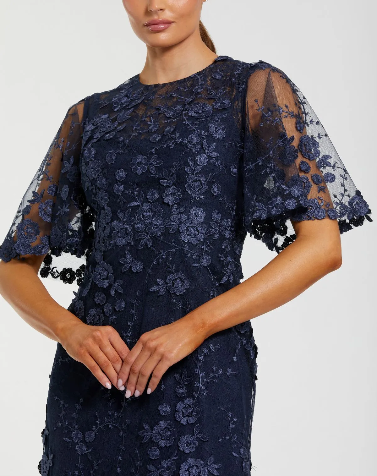 Navy Flutter Sleeve Floral Embroidered Net Gown sold by Mac Duggal product image thumbnail 2