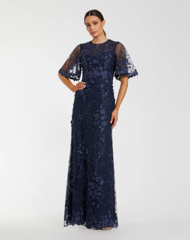 Navy Flutter Sleeve Floral Embroidered Net Gown sold by Mac Duggal