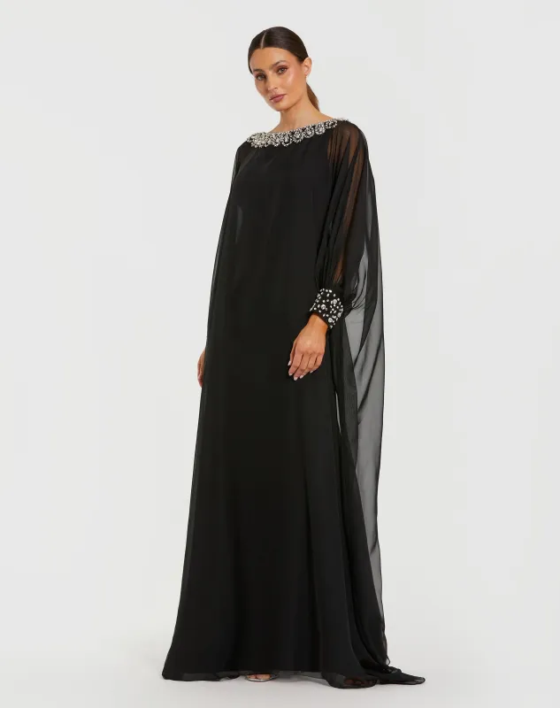 Black Long Sleeve Embellished Chiffon Kaftan Gown sold by Mac Duggal