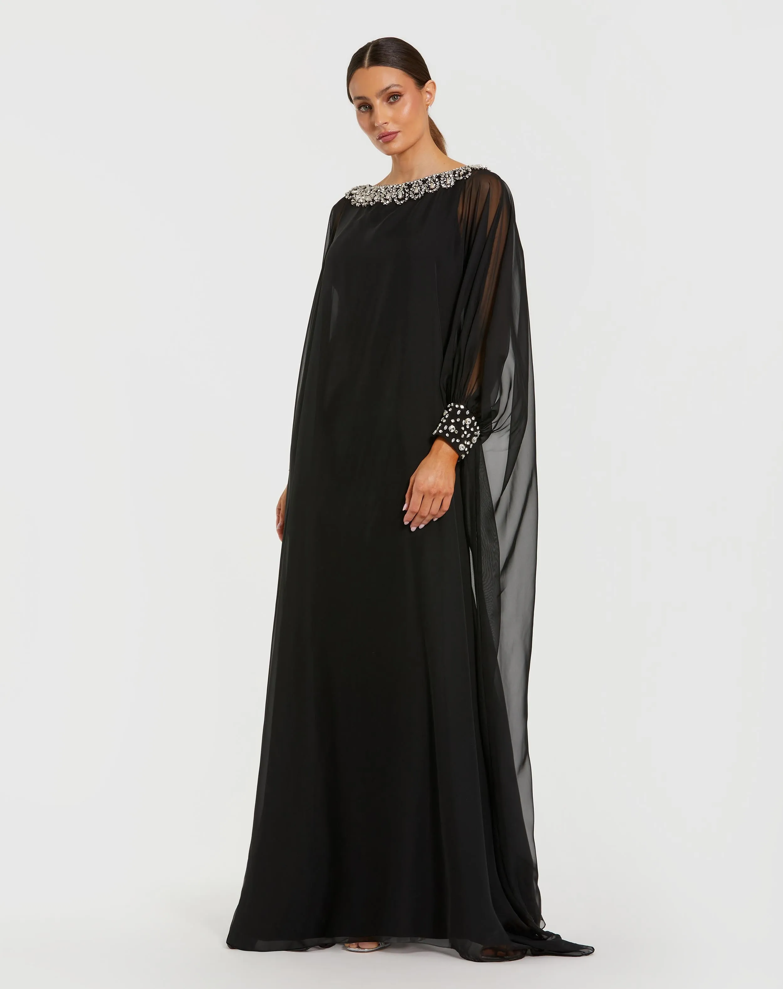 Black Long Sleeve Embellished Chiffon Kaftan Gown sold by Mac Duggal