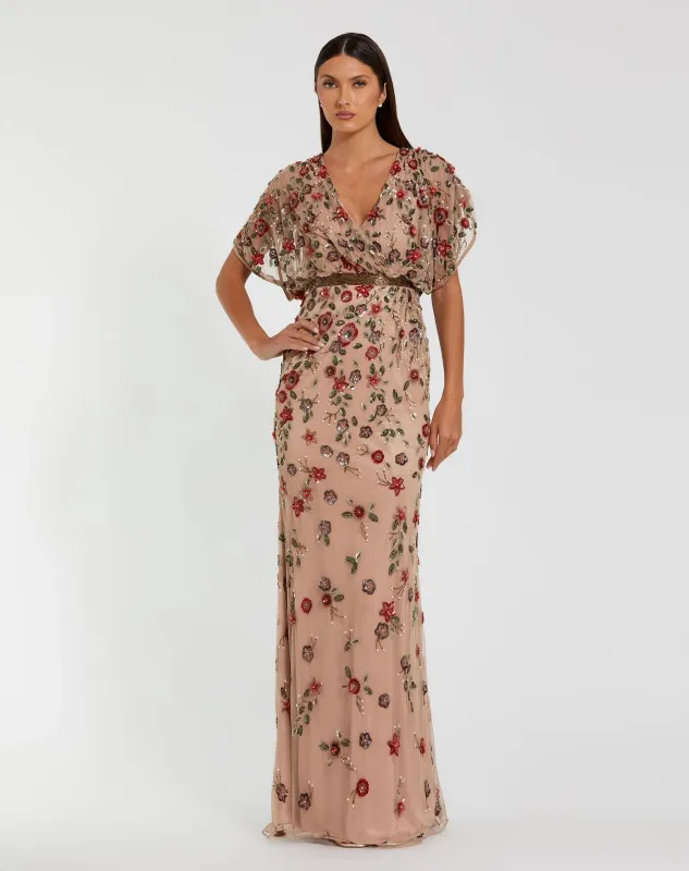 Beige Floral Embellished Short Sleeve Blouson Gown sold by Mac Duggal