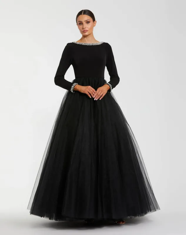 Black Embellished Jersey Long Sleeve Ball Gown With Tulle Skirt sold by Mac Duggal