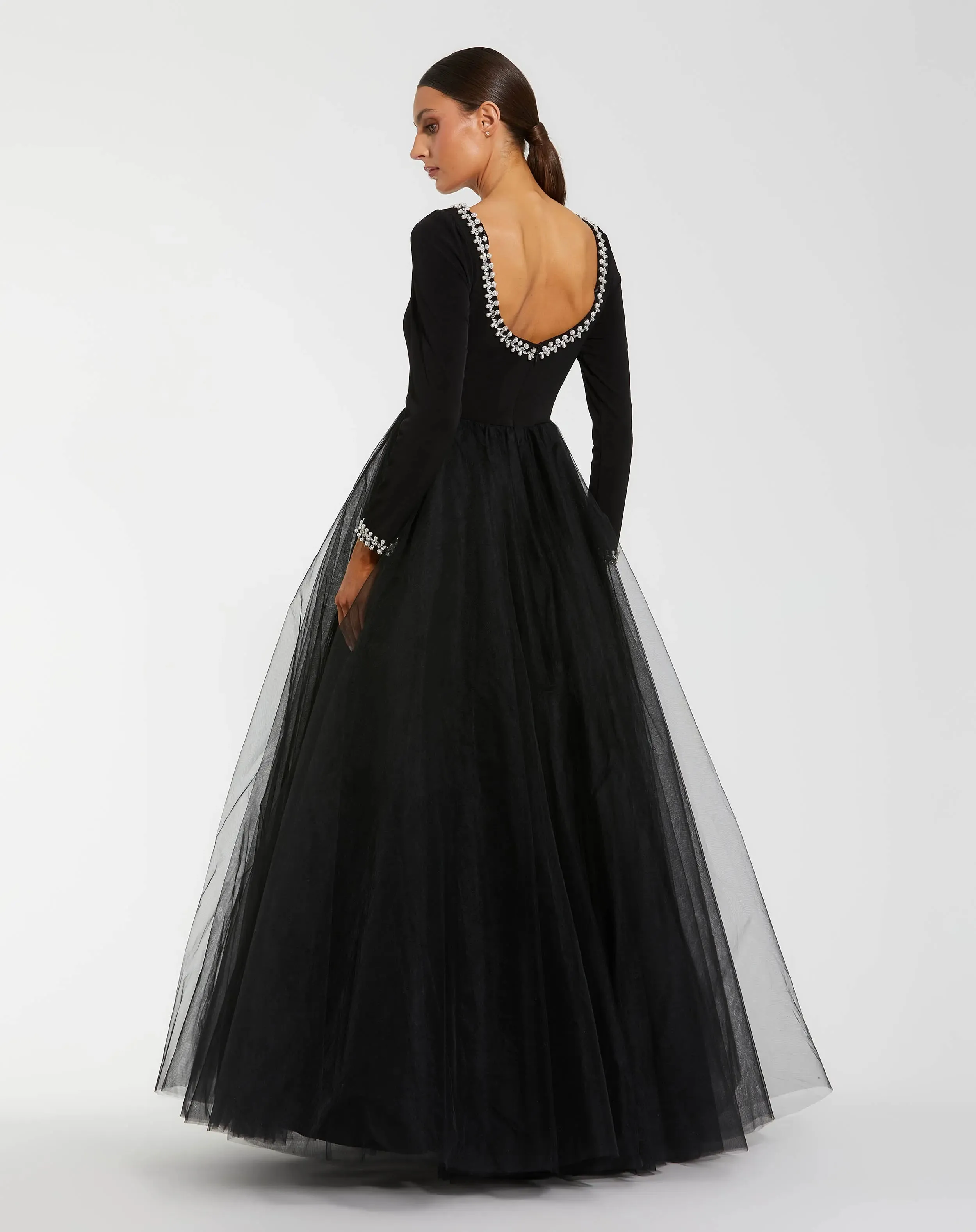 Black Embellished Jersey Long Sleeve Ball Gown With Tulle Skirt sold by Mac Duggal product image thumbnail 3