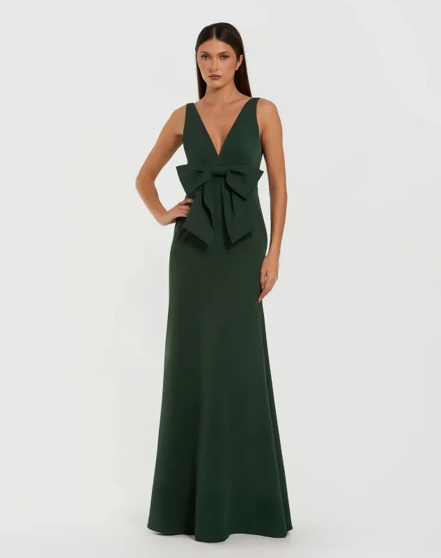 Green Crepe Sleeveless V-Neck Gown with Bow sold by Mac Duggal