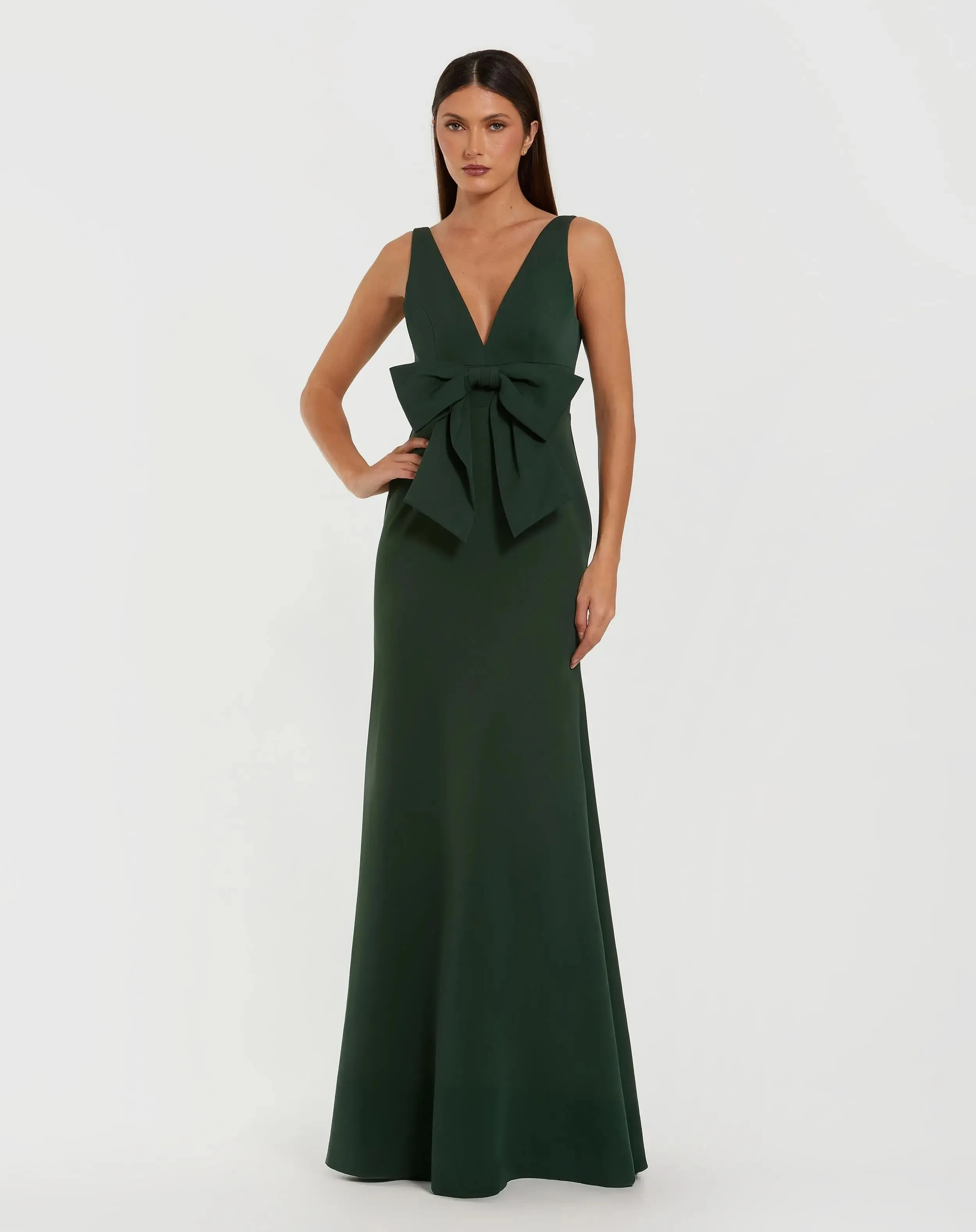 Green Crepe Sleeveless V-Neck Gown with Bow sold by Mac Duggal