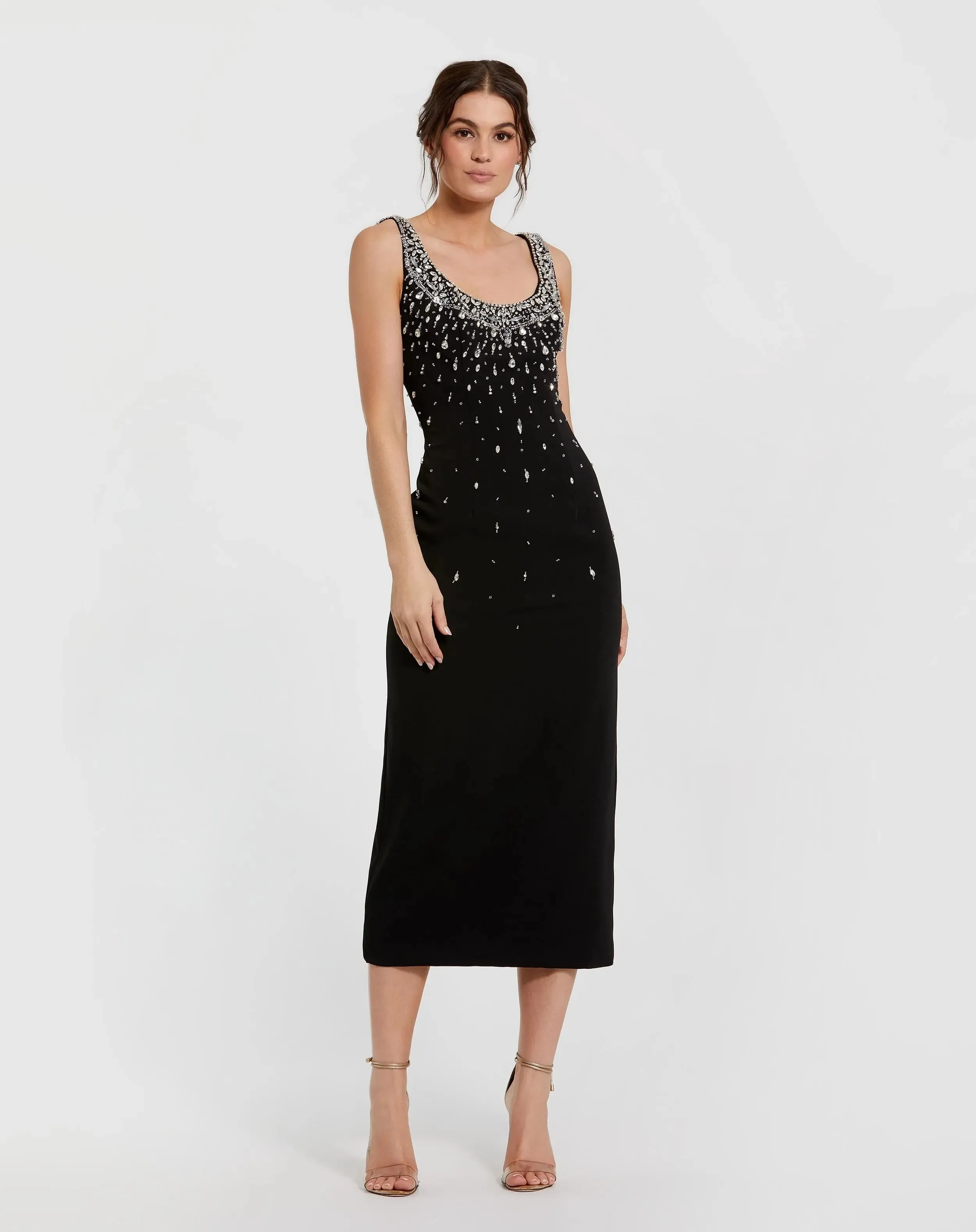 Black Beaded Crepe Scoop Neck Sleeveless Midi Dress sold by Mac Duggal