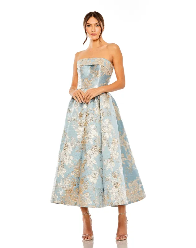 Blue Strapless Brocade Midi Dress with Pockets sold by Mac Duggal