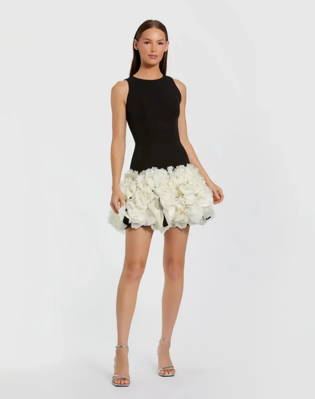 Black and White Sleeveless Mini Dress with 3D Floral Skirt sold by Mac Duggal