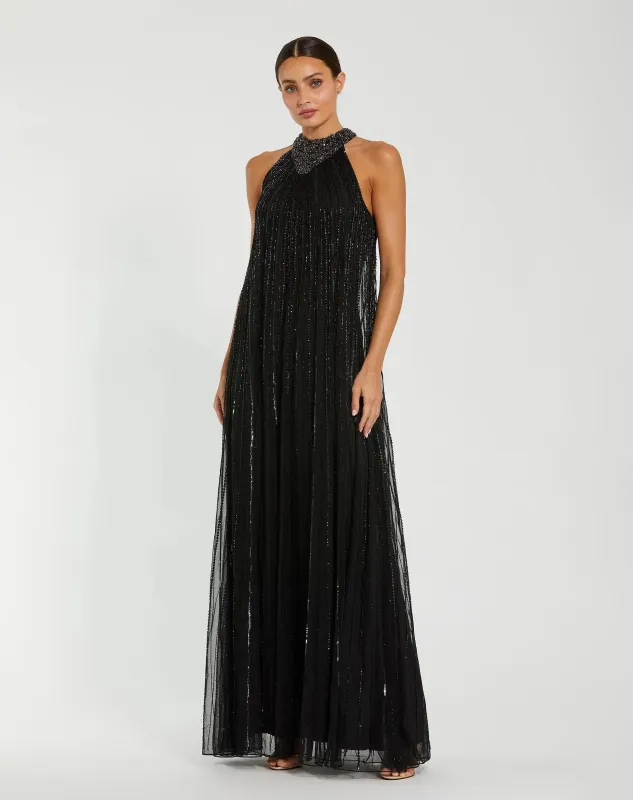 Black Sleeveless Halter Neck Embellished Trapeze Gown sold by Mac Duggal