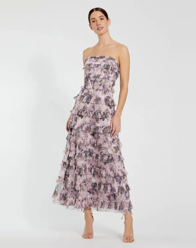 Strapless Floral Micro Ruffle Dress sold by Mac Duggal