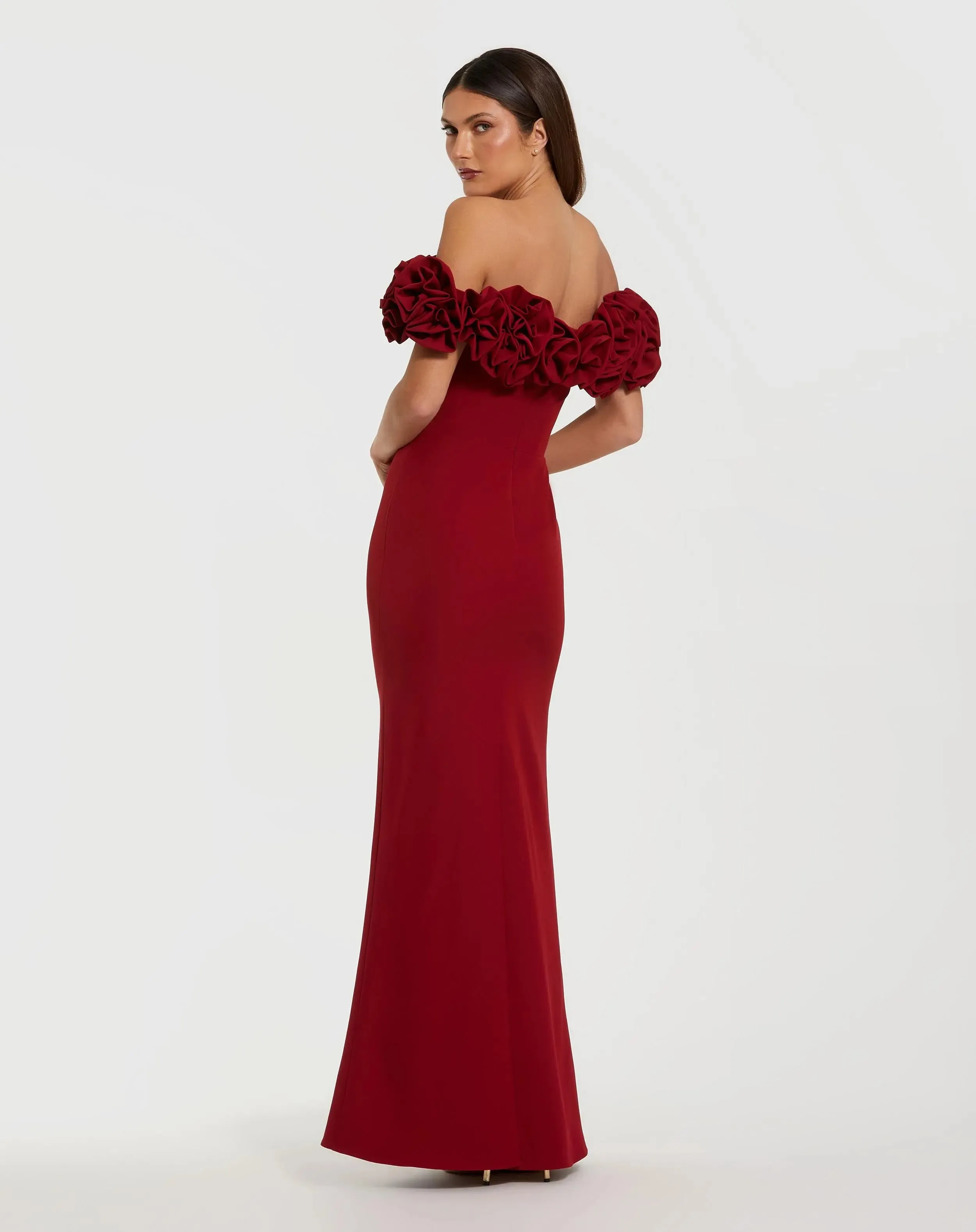 Red Crepe Off The Shoulder Column Gown With 3D Roses sold by Mac Duggal product image thumbnail 3