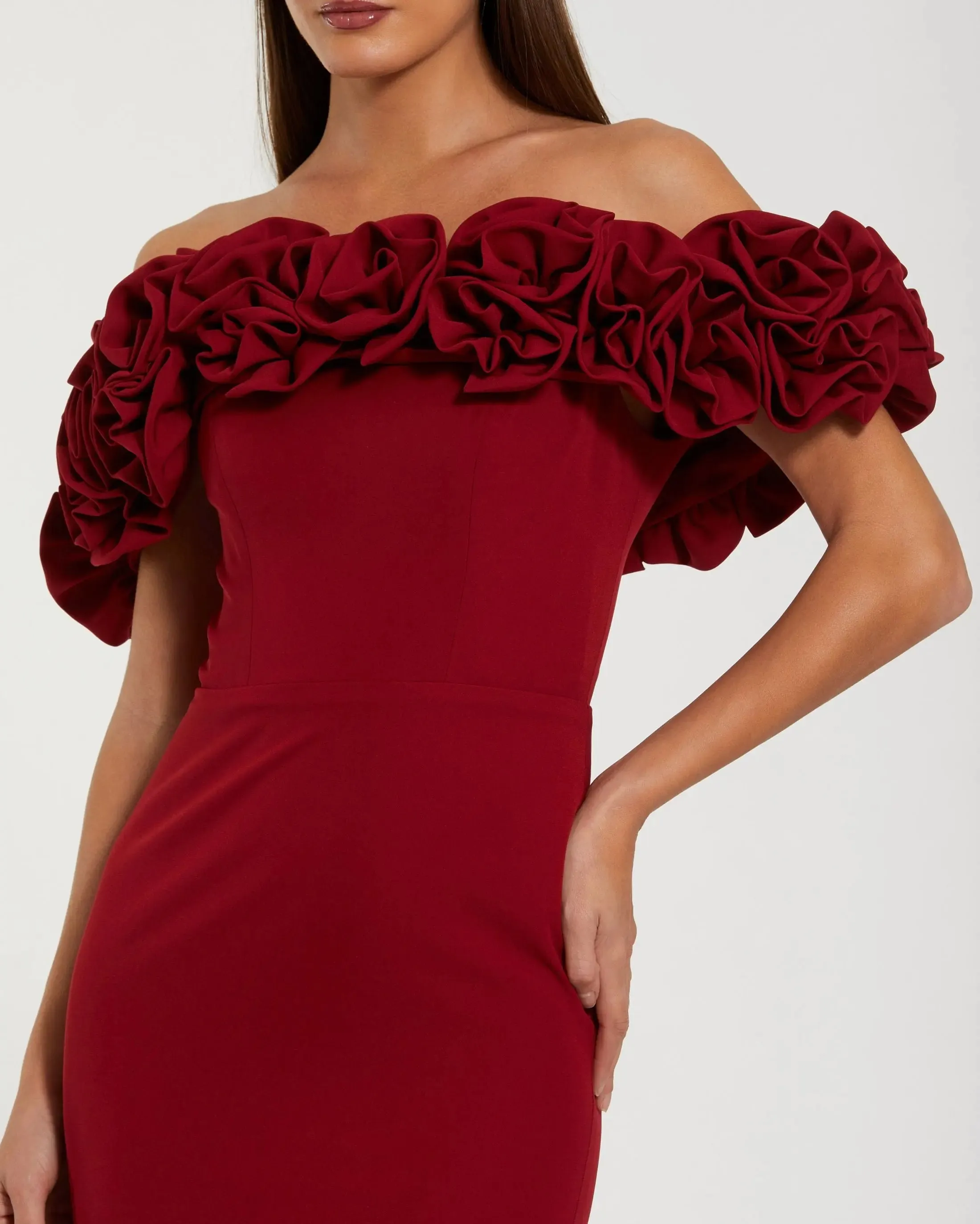 Red Crepe Off The Shoulder Column Gown With 3D Roses sold by Mac Duggal product image thumbnail 2