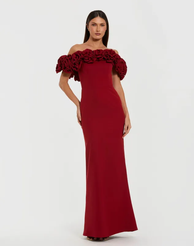 Red Crepe Off The Shoulder Column Gown With 3D Roses sold by Mac Duggal