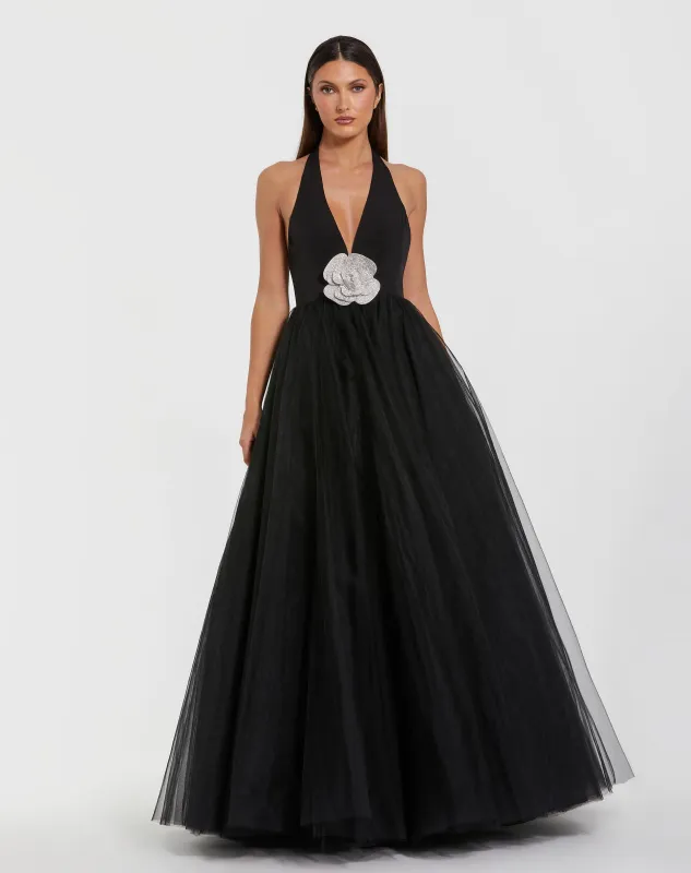 Black Halter Neck Ball Gown with Rhinestone Flower sold by Mac Duggal