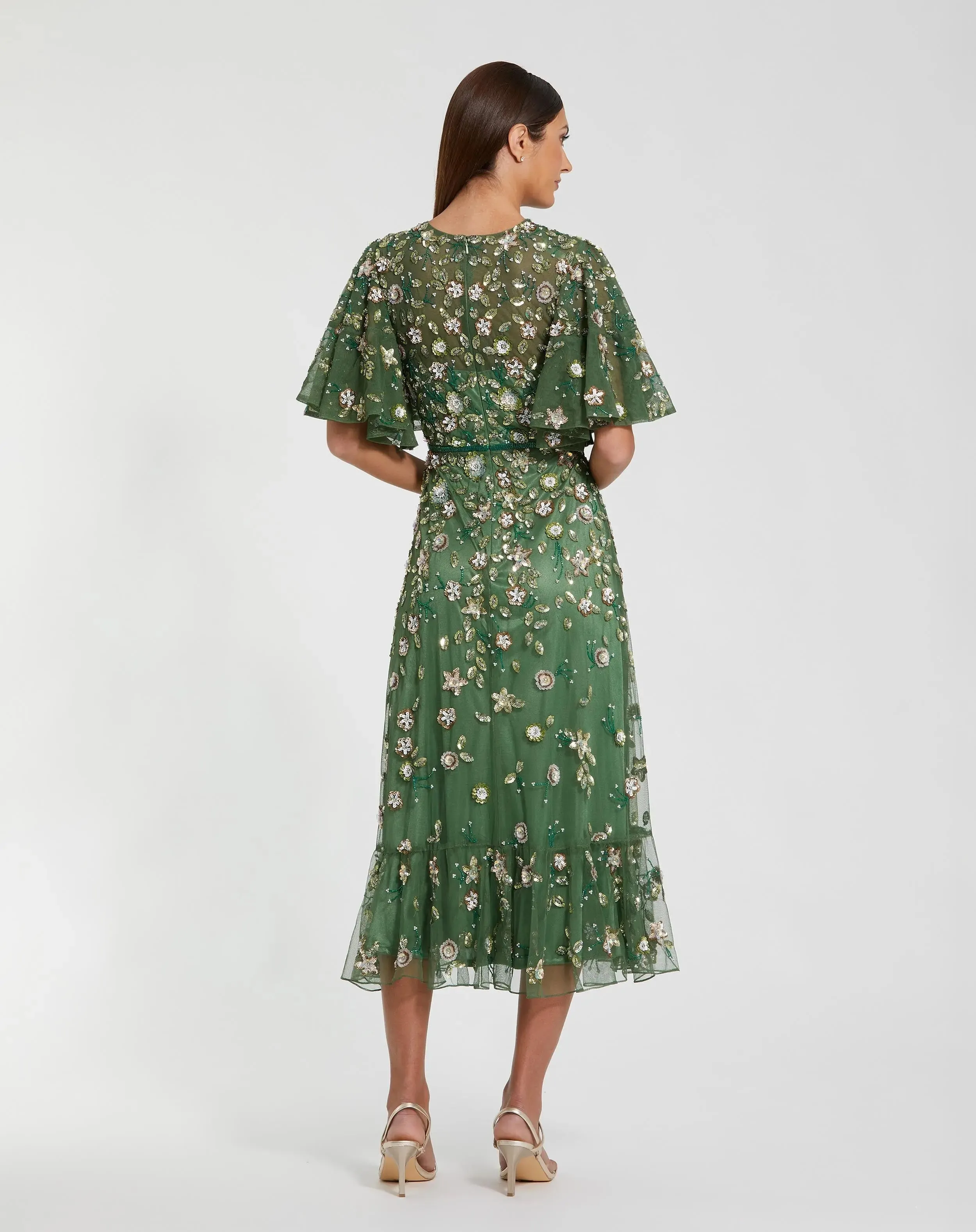 Green Floral Embellished Flutter Sleeve Midi Dress sold by Mac Duggal product image thumbnail 3
