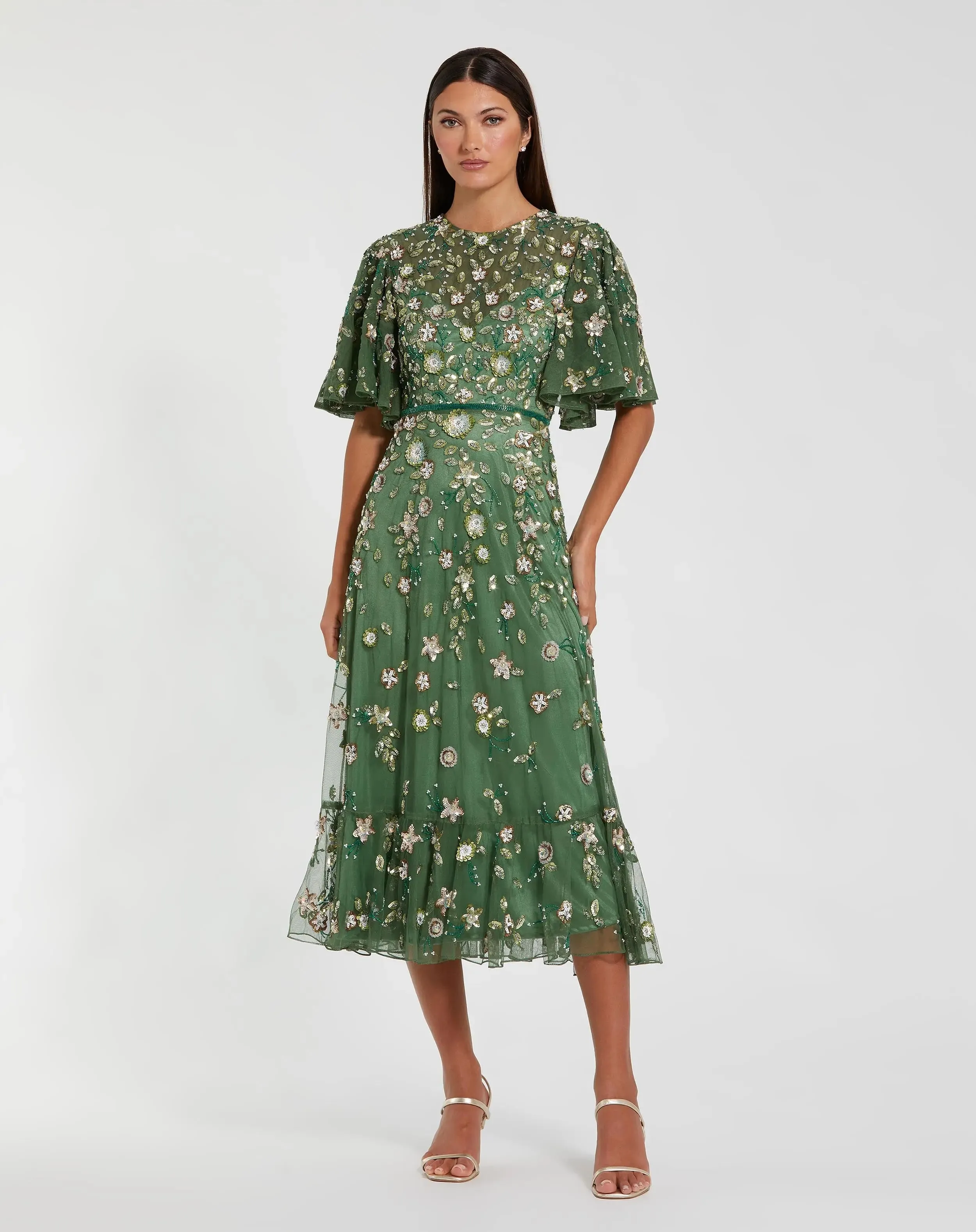 Green Floral Embellished Flutter Sleeve Midi Dress sold by Mac Duggal
