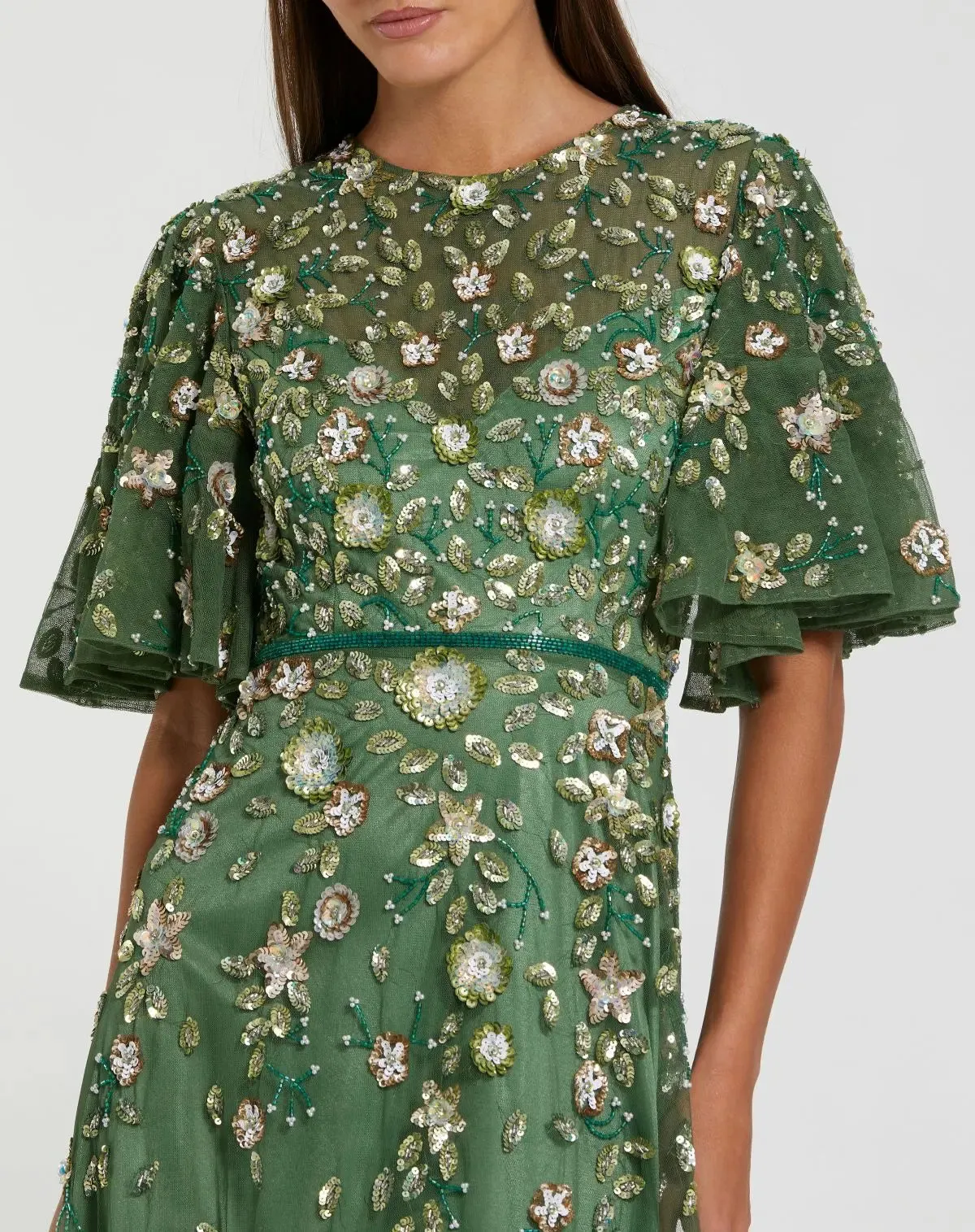 Green Floral Embellished Flutter Sleeve Midi Dress sold by Mac Duggal product image thumbnail 2