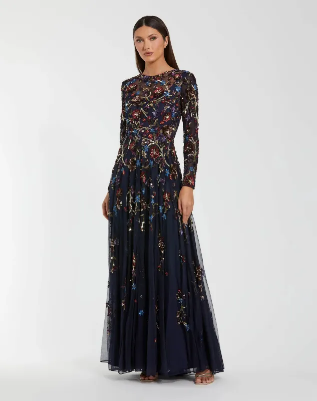 Navy Beaded Long Sleeve High Neck A-Line Gown sold by Mac Duggal