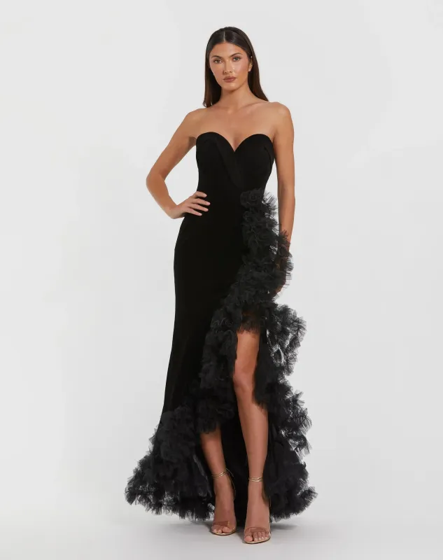 Black Strapless Velvet Mermaid Gown with Ruffle Slit sold by Mac Duggal