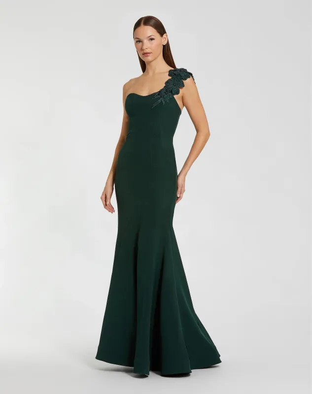 Dark Green Crepe One Shoulder Beaded Flower Mermaid Gown sold by Mac Duggal