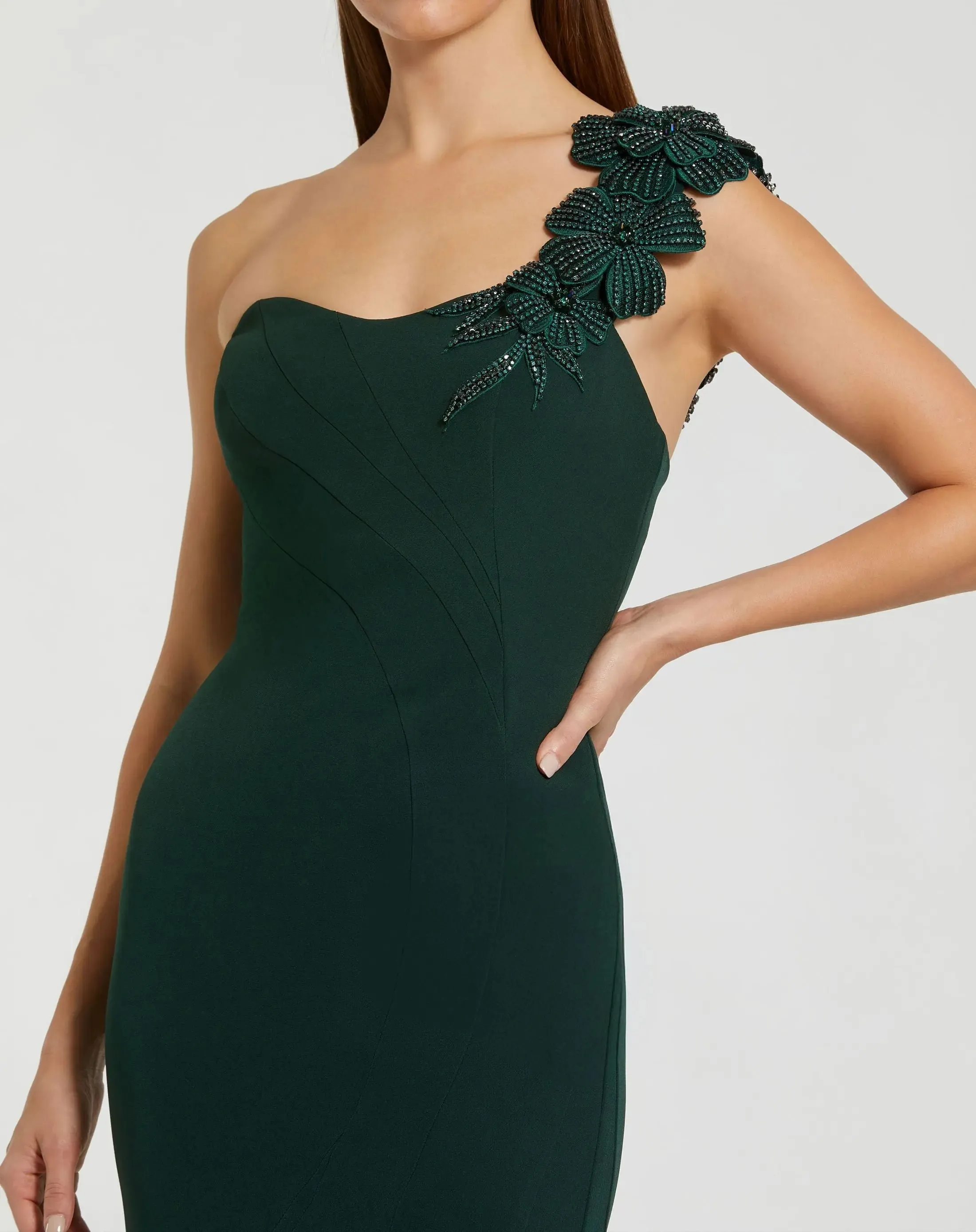 Dark Green Crepe One Shoulder Beaded Flower Mermaid Gown sold by Mac Duggal product image thumbnail 2
