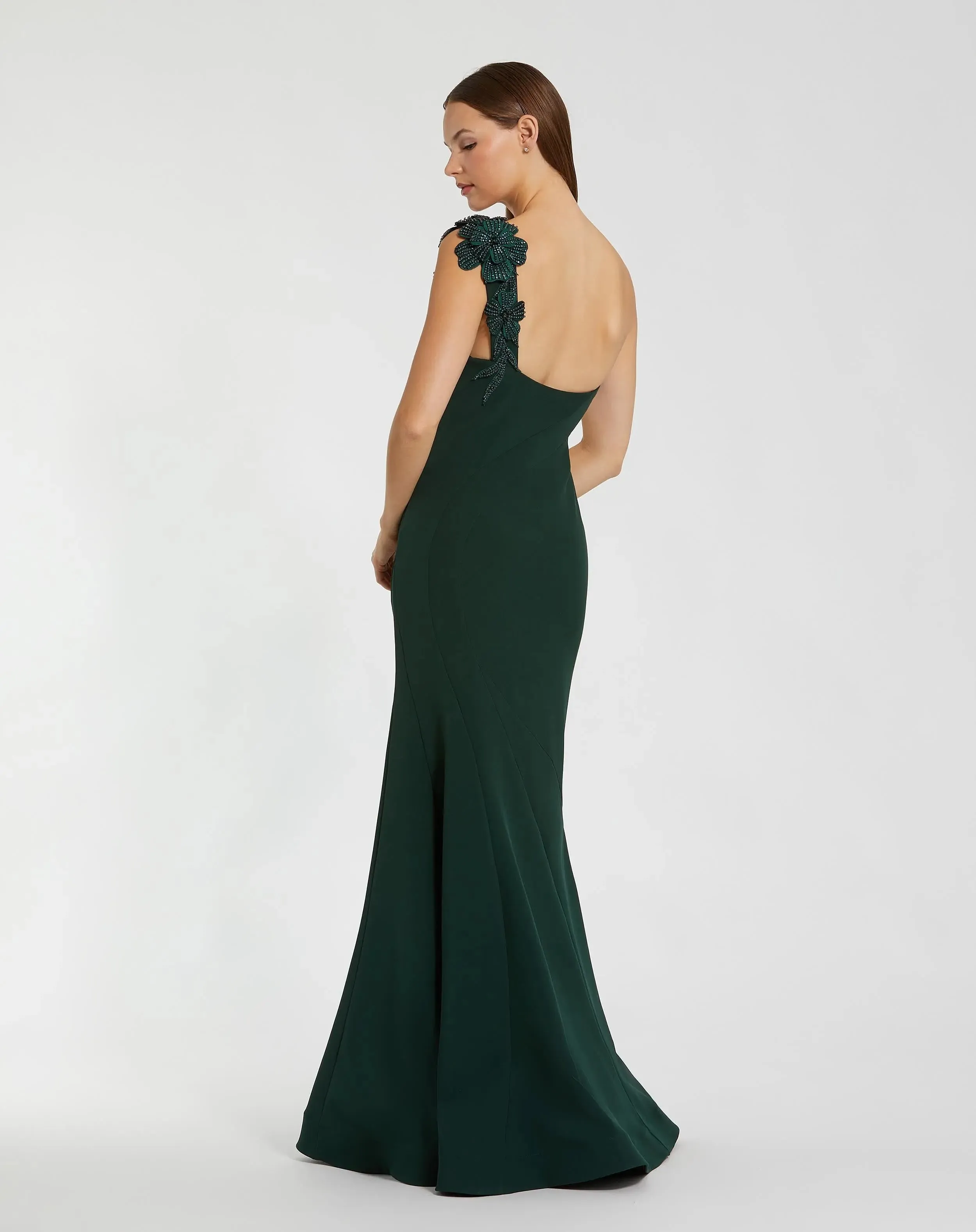 Dark Green Crepe One Shoulder Beaded Flower Mermaid Gown sold by Mac Duggal product image thumbnail 3