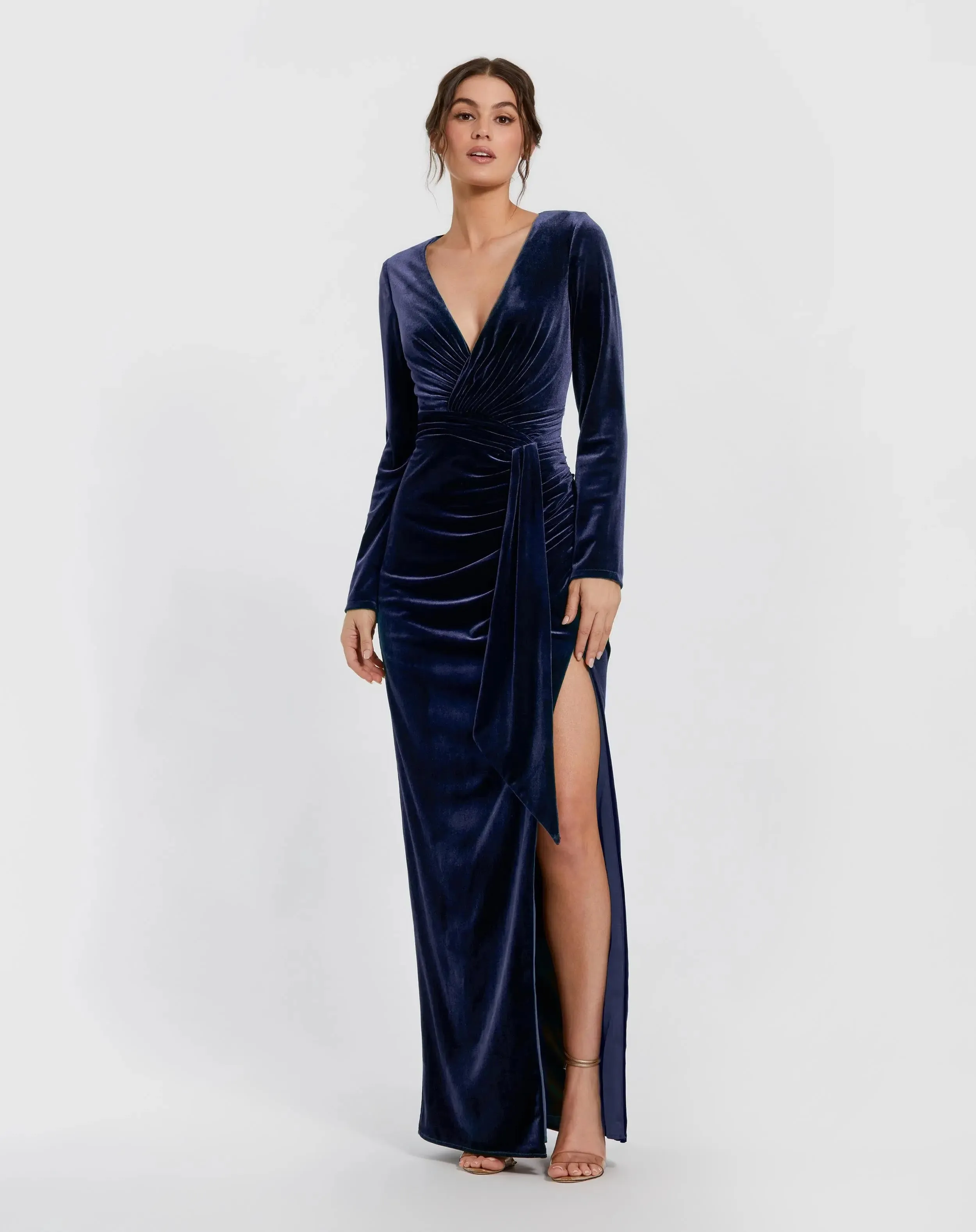 Dark Blue Ruched Velvet Column Evening Gown sold by Mac Duggal