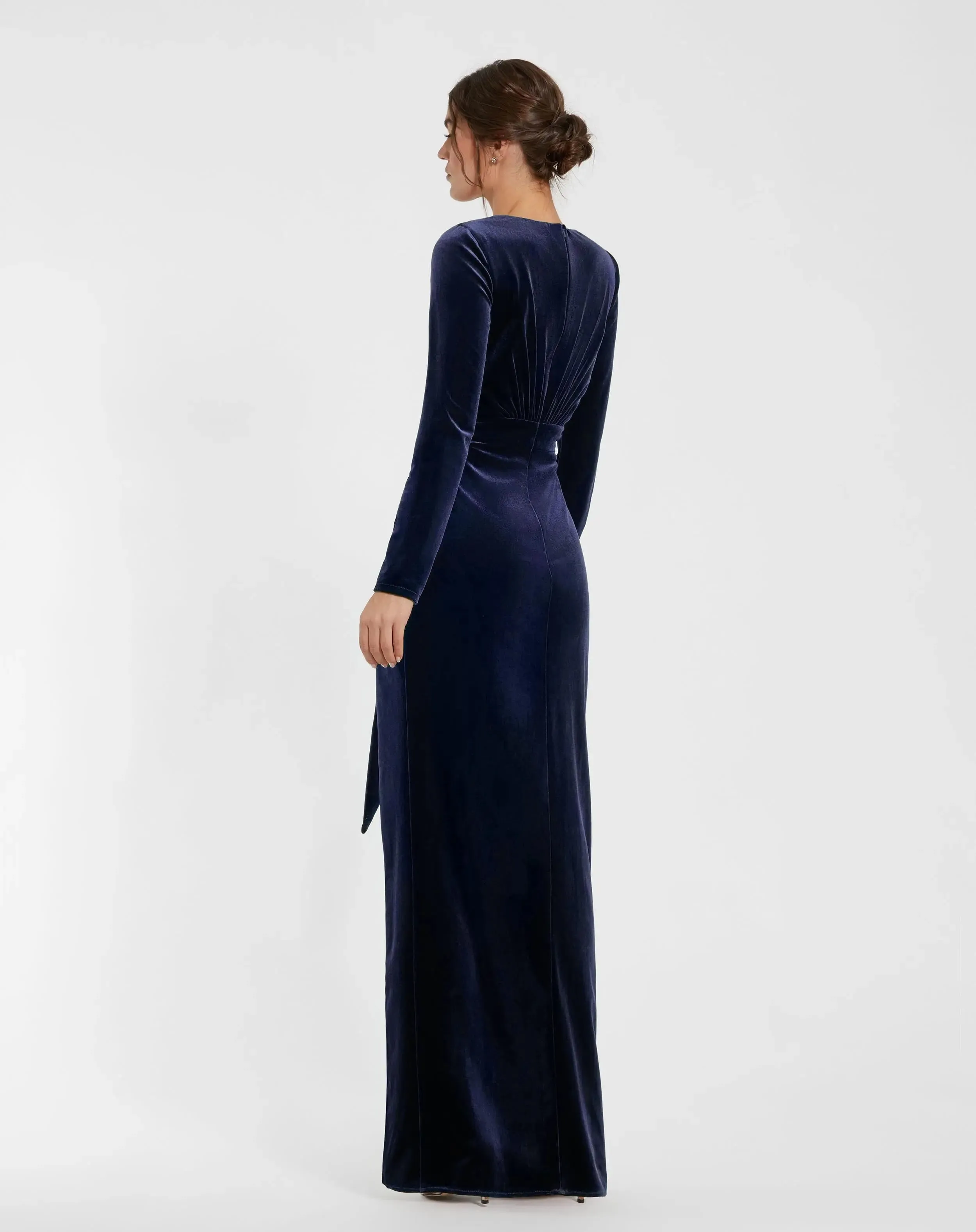 Dark Blue Ruched Velvet Column Evening Gown sold by Mac Duggal product image thumbnail 3