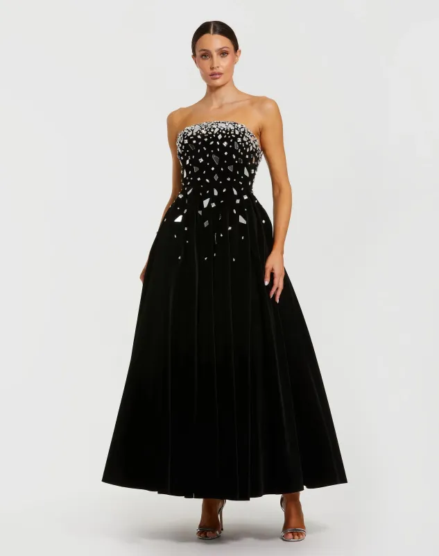 Black Velvet Strapless A-Line Midi Dress with Embellishments sold by Mac Duggal