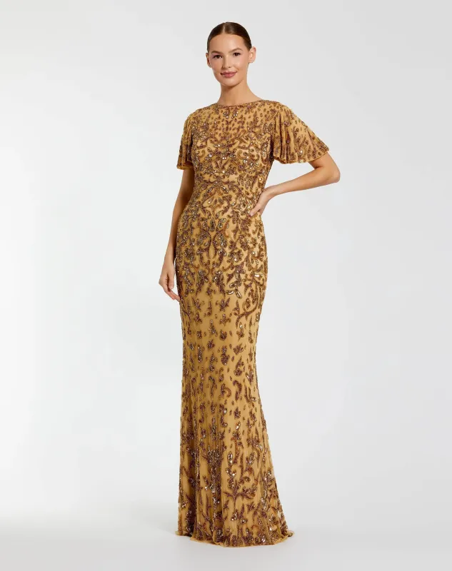 Gold Embellished High Neck Flutter Sleeve Gown sold by Mac Duggal