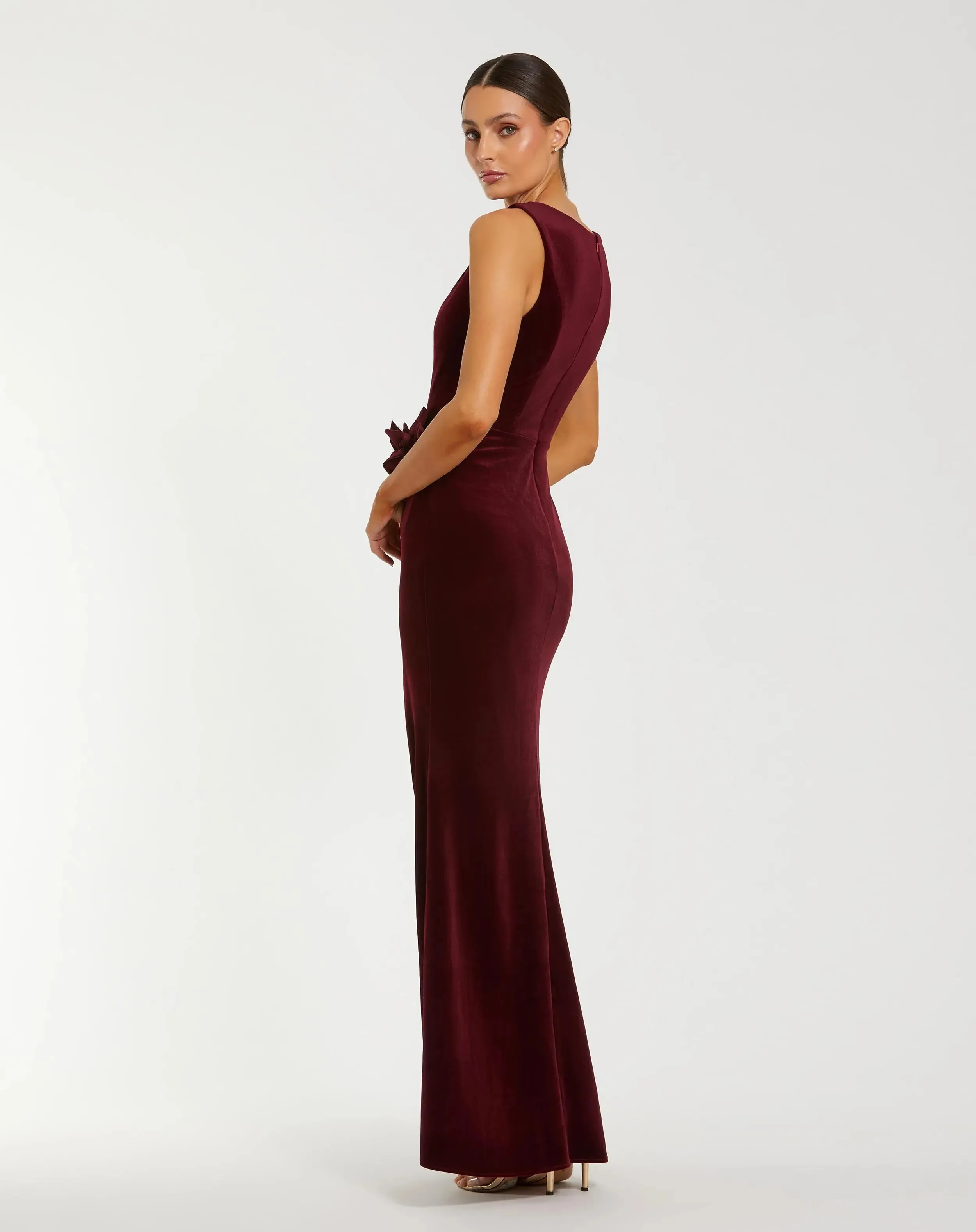 Dark Red High Neck Velvet Column Gown With 3D Flowers sold by Mac Duggal product image thumbnail 3