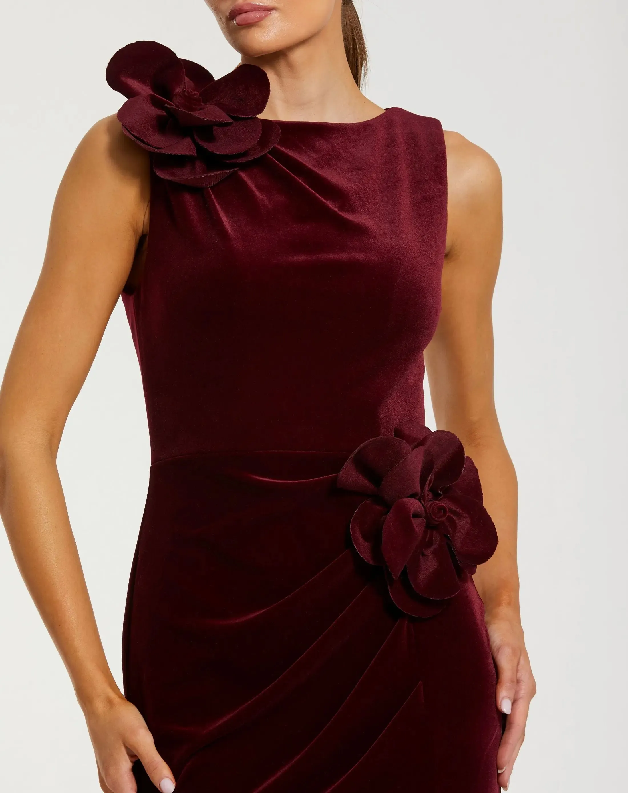 Dark Red High Neck Velvet Column Gown With 3D Flowers sold by Mac Duggal product image thumbnail 2