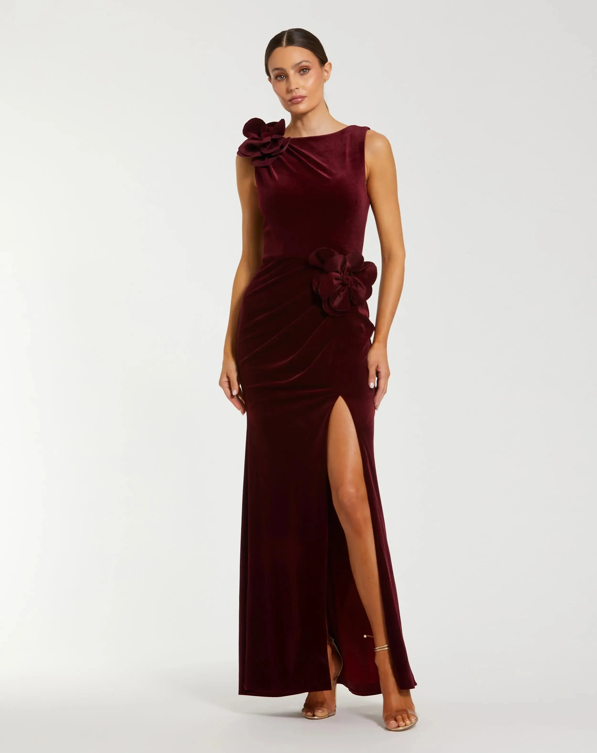 Dark Red High Neck Velvet Column Gown With 3D Flowers sold by Mac Duggal