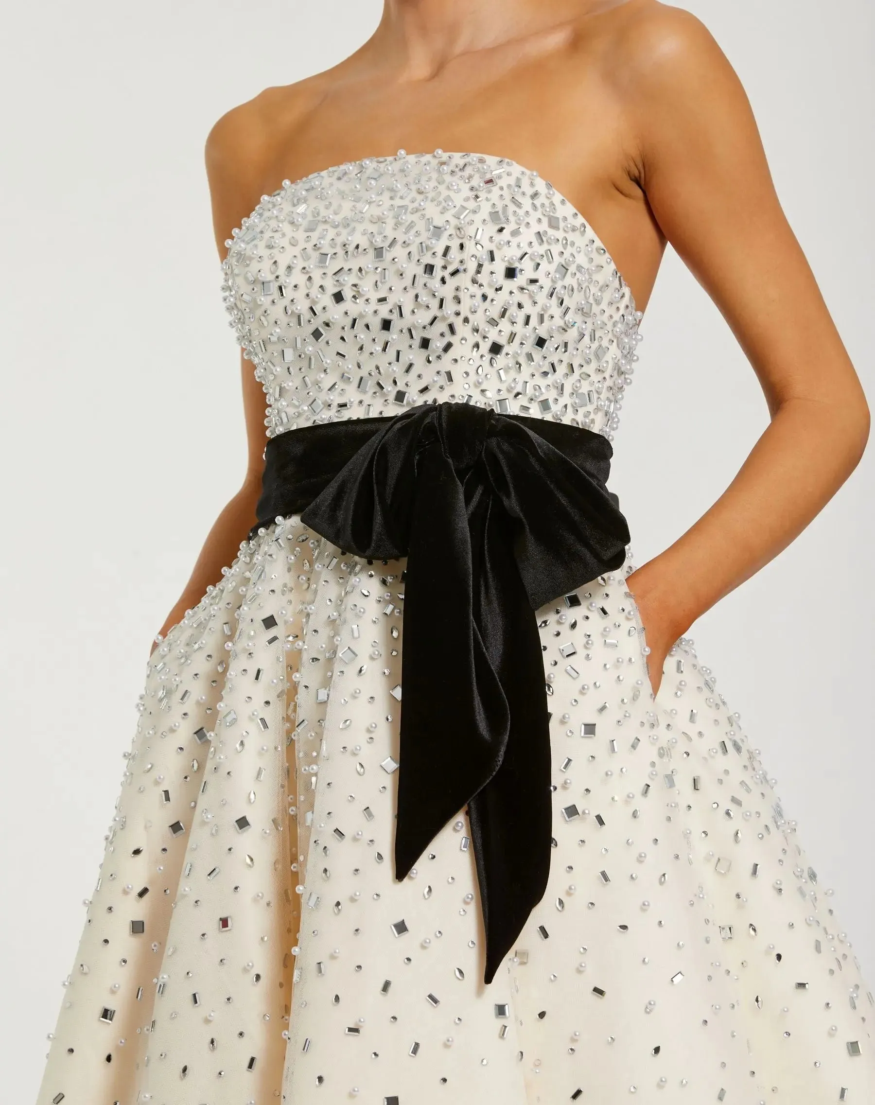White Embellished Strapless Midi Dress with Velvet Bow sold by Mac Duggal product image thumbnail 2