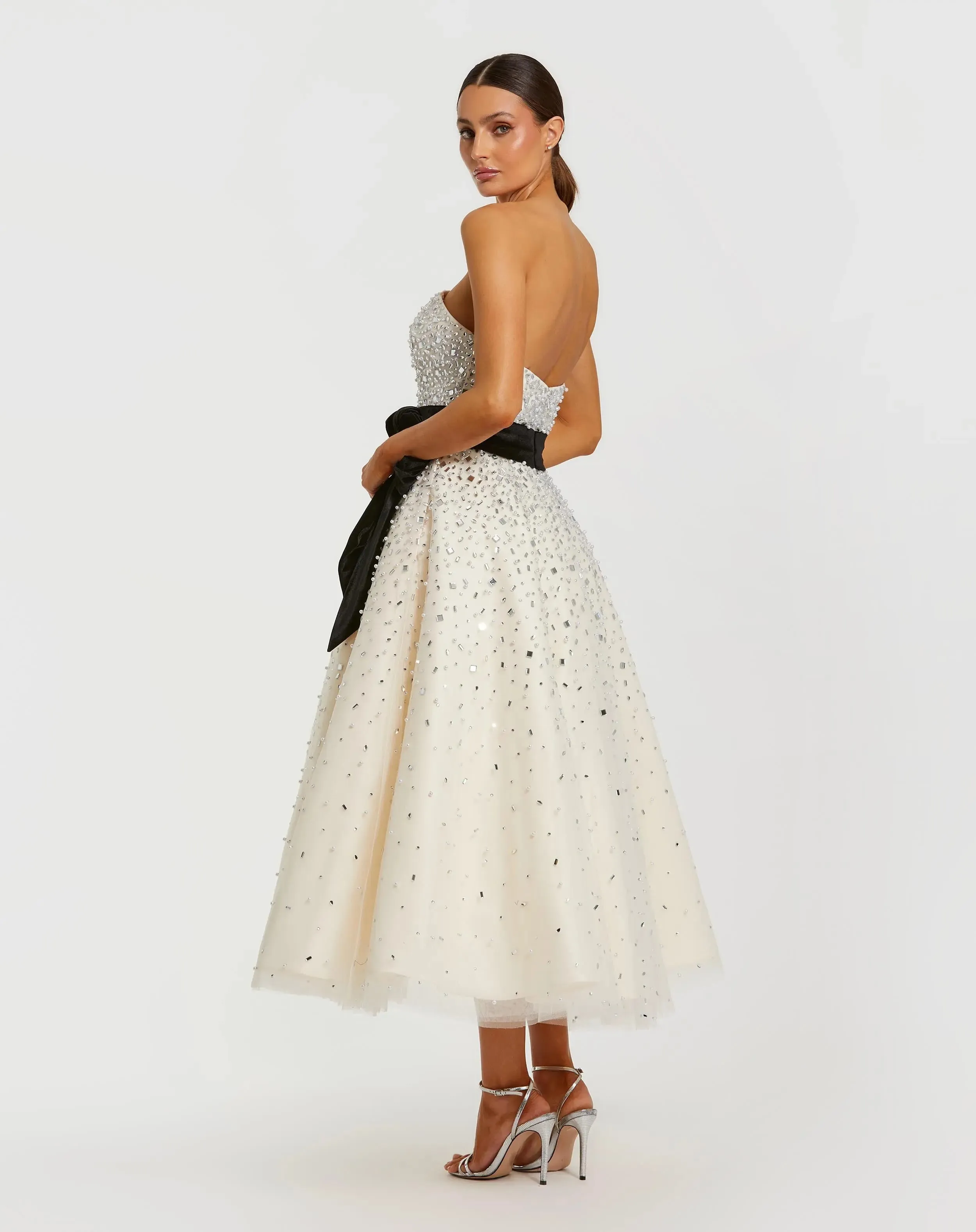 White Embellished Strapless Midi Dress with Velvet Bow sold by Mac Duggal product image thumbnail 3
